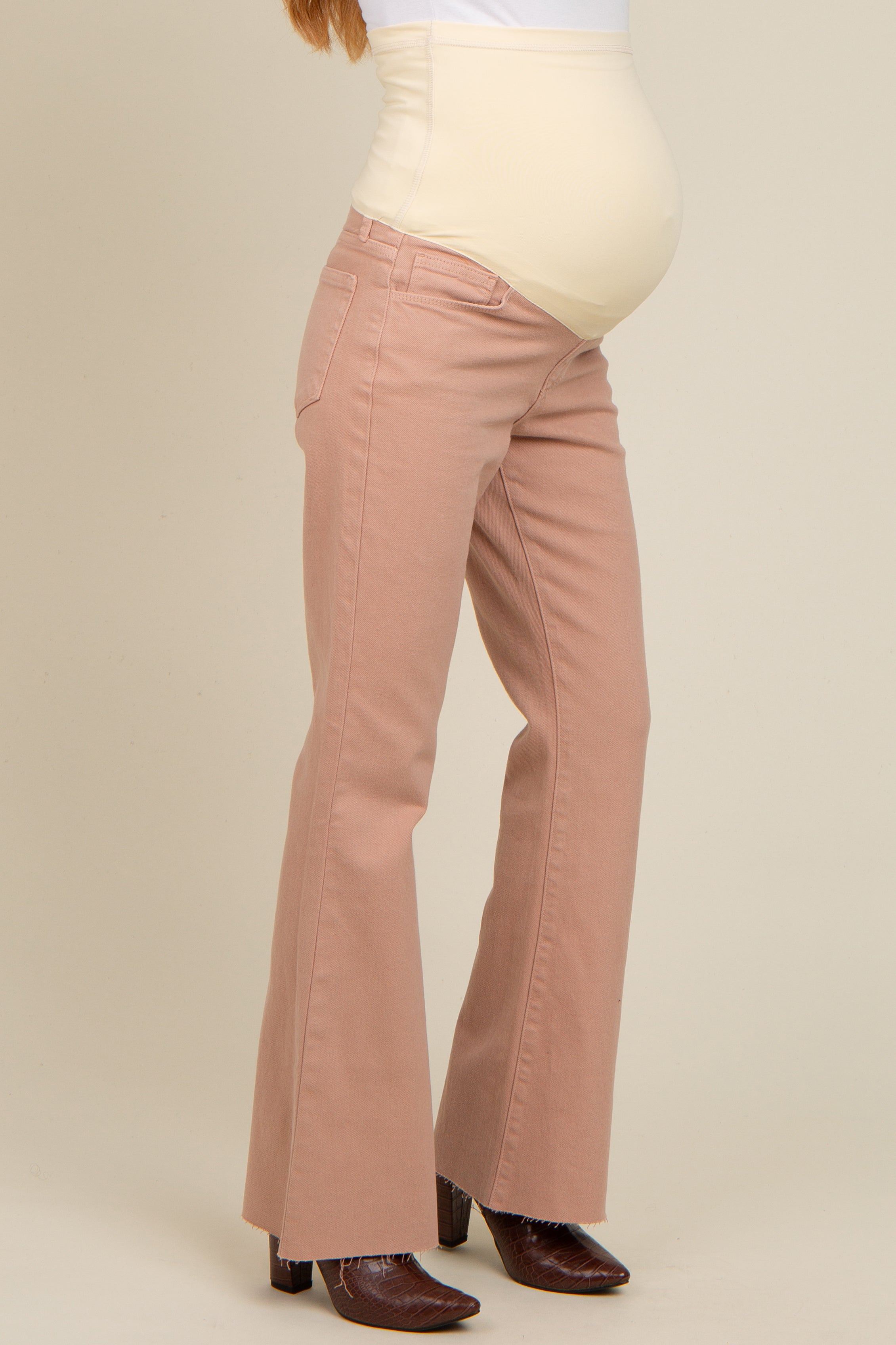 Beige Flare Leg Raw Hem Maternity Jeans for Pregnant Women - Comfortable Stretch Denim Pants for Pregnancy & Postpartum - Perfect for Casual Wear, Work & Everyday Outfits