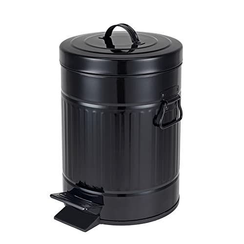 Vintage Retro Step Trash Can with Lid - 5 Liter/1.3 Gallon Small Bathroom & Bedroom Garbage Bin - Soft Close Quiet Design - Glossy Black Waste Basket for Home, Office, Dorm & RV Use