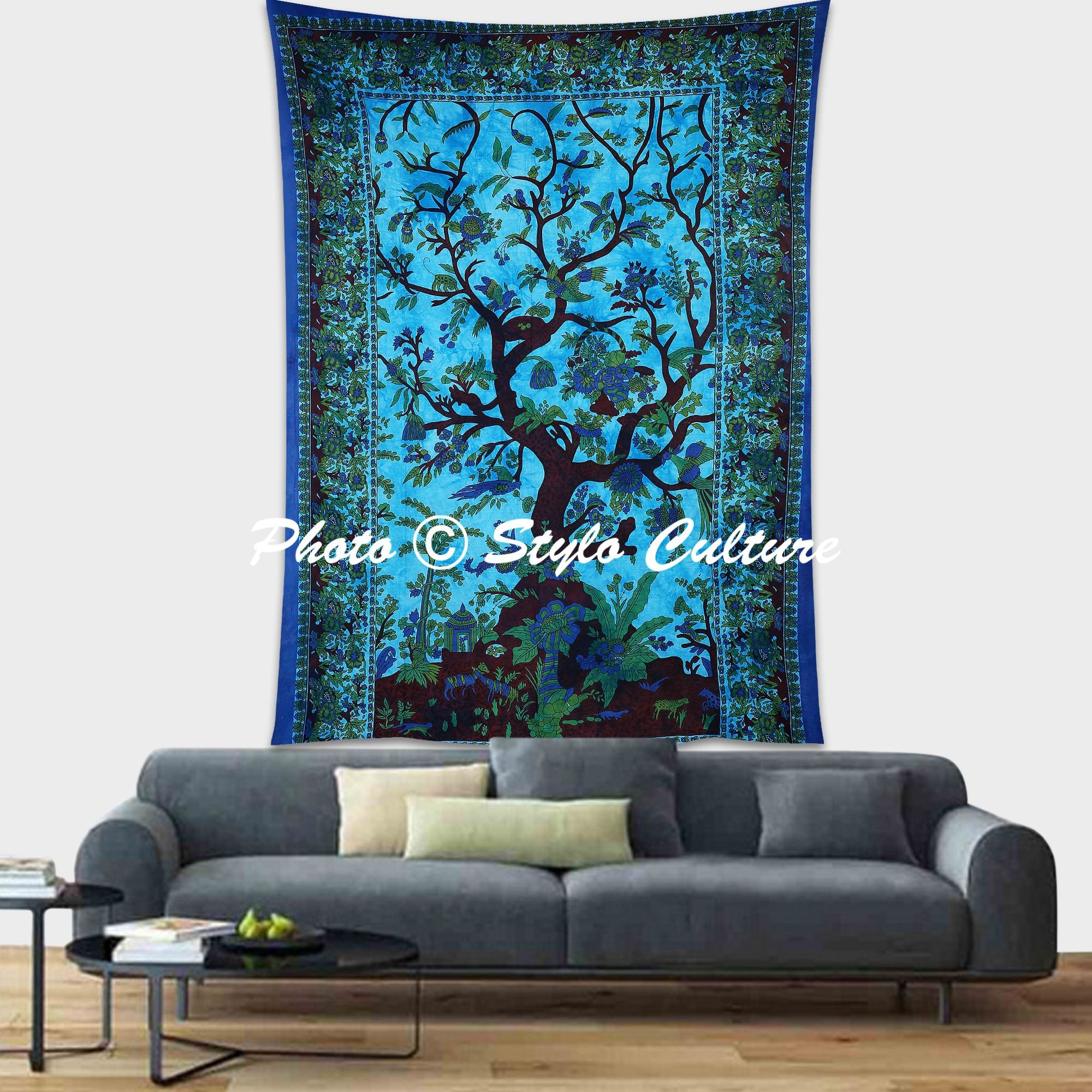 Indian Hippie Mandala Wall Tapestry - Blue Tree & Birds Design for Bedroom Decor, Living Room Wall Art, Room Divider | Boho Chic Home Decor for Dorm, Yoga Studio & Meditation Space