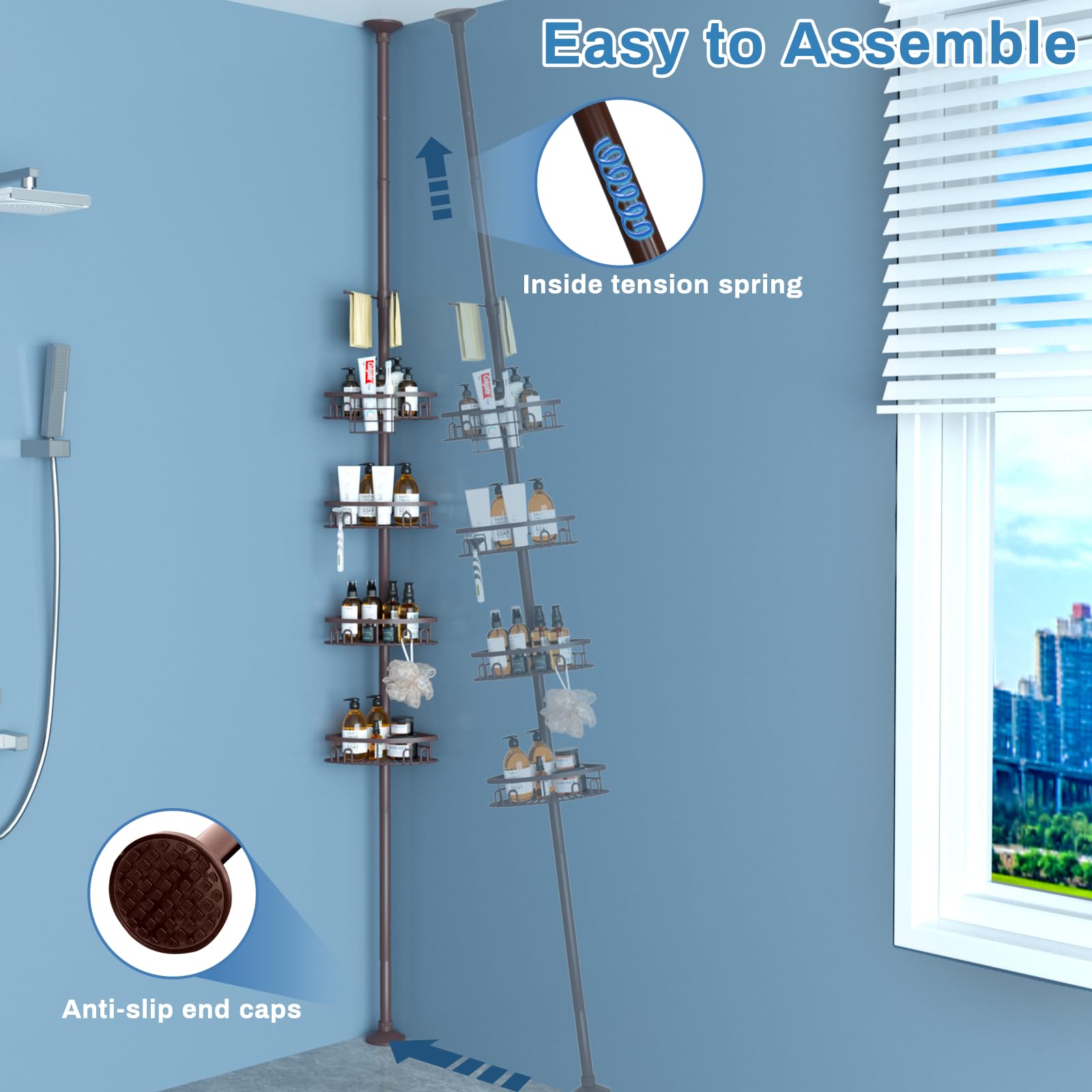 Rustproof Shower Corner Caddy Shelf - Adjustable Tension Pole Organizer (23.6-114.5 Inch) with 4 Baskets & Towel Bar for Bathroom Storage - Bronze | Perfect for Shampoo, Soap & Bath Accessories Organization in Bathtub/Shower