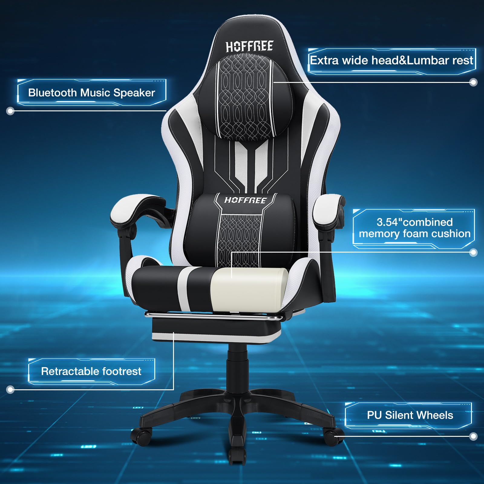 HOFFREE Ergonomic Gaming Chair with Built-in Bluetooth Speakers & Massage Function - Big and Tall Computer Chair with Adjustable Footrest, 400lbs Weight Capacity - White & Black - Perfect for PC Gaming, Home Office & Streaming Setup