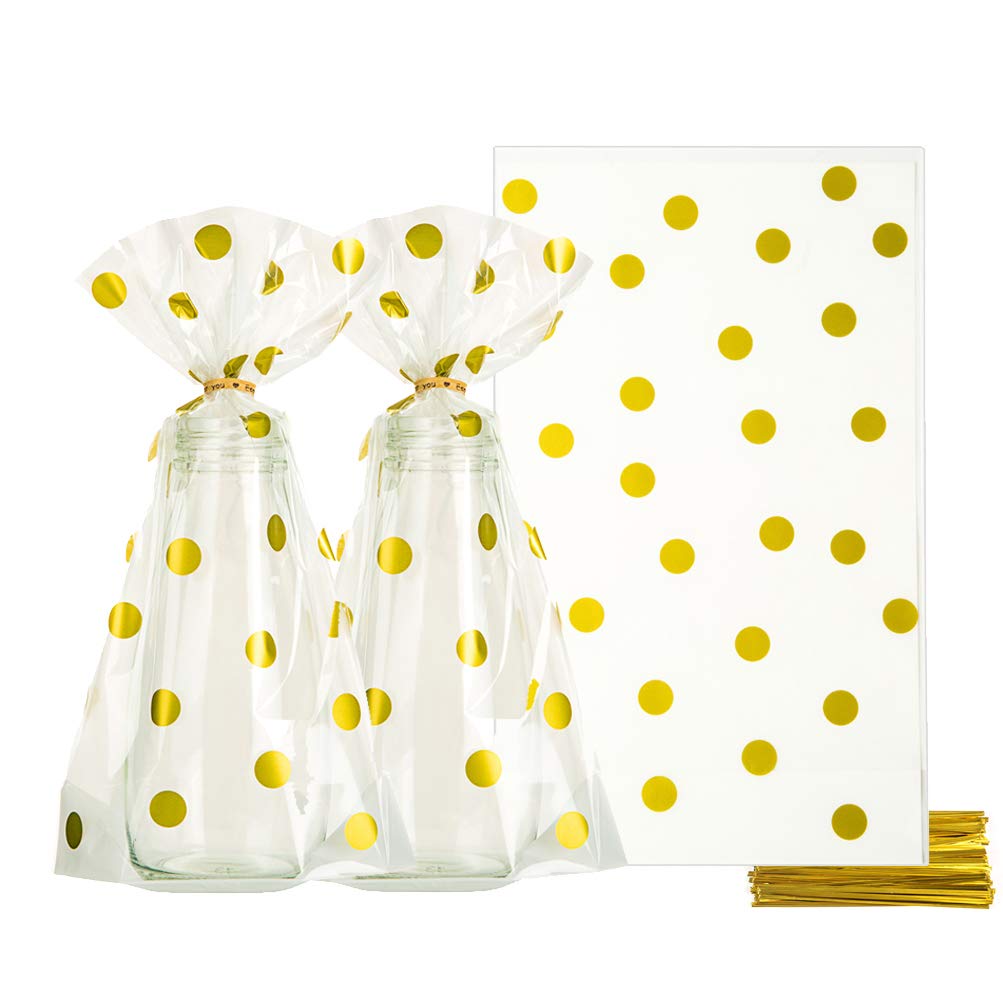 AWELL 6x10 Inch Clear Cello Bags with Gold Dots - 100 Pack for Candy, Cookies & Party Favors | Perfect for Birthday Parties, Wedding Favors & Holiday Treat Packaging