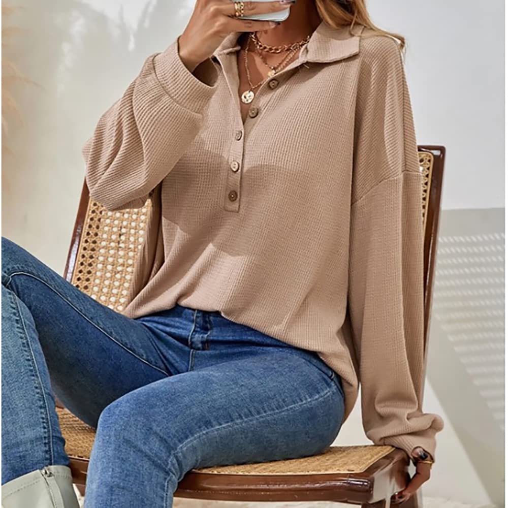 Mayntop Women's Pullover Sweater - Waffle Knit, Solid Color, Half Button, Batwing Sleeve, Turndown Collar, Loose Fit | Casual Wear, Office Outfits, Fall & Winter Fashion