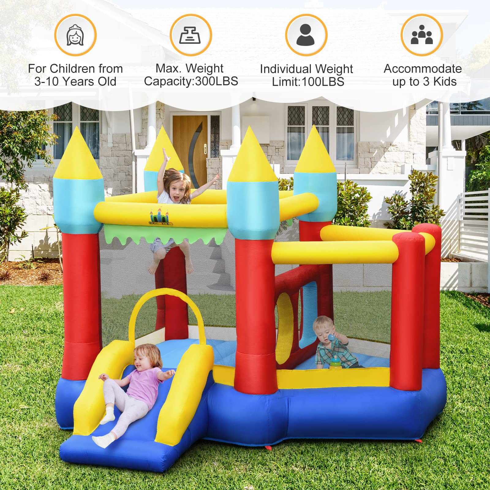 HONEY JOY Inflatable Bounce House with Slide & Ball Pit - Kids Outdoor Play Center for Birthday Parties, Backyard Fun, and Summer Activities - Includes Basketball Hoop & Stakes (Blower Not Included)