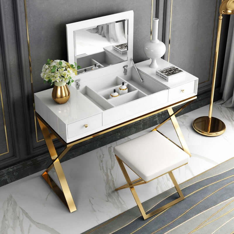 Modern 2-Drawer Wooden Makeup Vanity Set with Mirror & Stool - Gold X Base Stainless Steel | Perfect for Bedroom, Dressing Room & Beauty Salon Organization