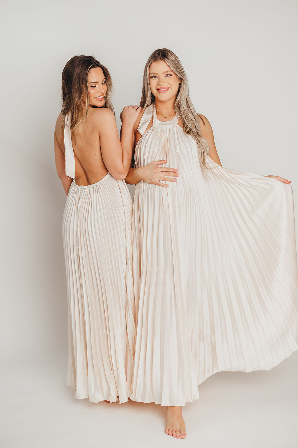 Maren Pleated Halter Maxi Dress in Cream | Bump Friendly Maternity Dress | Perfect for Baby Showers, Beach Vacations & Summer Weddings
