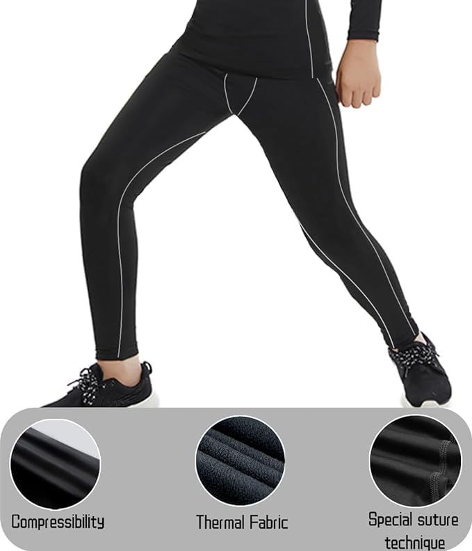Youth Boys Thermal Underwear Set - 2 Pack Compression Leggings & Shirts, Fleece-Lined Long Johns for Kids | Cold Weather Base Layer for Winter Sports & Outdoor Activities