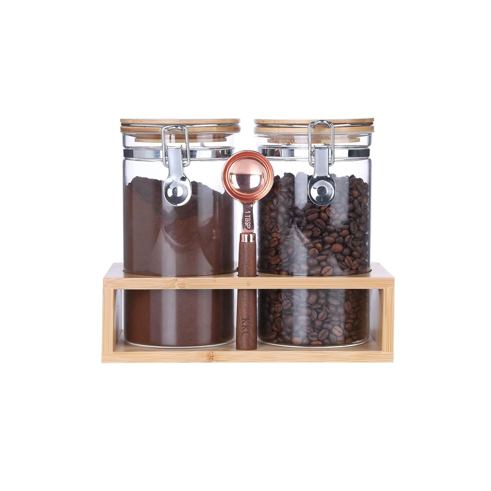 KKC HOME ACCENTS Airtight Glass Food Storage Jars with Bamboo Lids - Coffee Bean, Tea, Nut & Sugar Containers - Includes Scoop for Coffee Grounds | Perfect for Kitchen Pantry Organization & Coffee Bar Storage