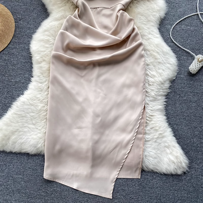 French Style Vintage Satin Spaghetti Strap Skirt Split Pleated Sexy Dress - Elegant Evening Gown for Parties, Dates & Special Occasions