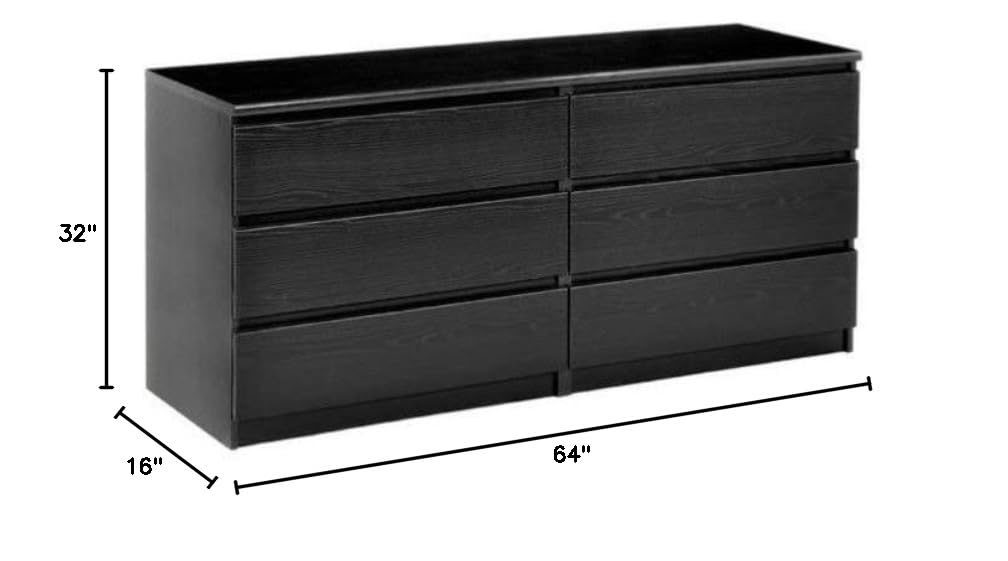 Home Square 3-Piece Black Woodgrain Bedroom Set - 6-Drawer Double Dresser & Two 2-Drawer Nightstands | Complete Bedroom Furniture for Master Bedroom, Guest Room & Small Spaces