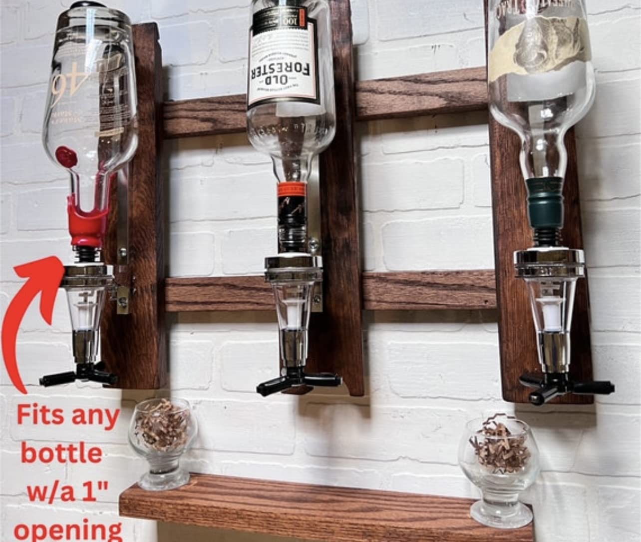 3-Piece Wall Mounted Liquor Dispenser Set - Premium Wooden Wall Shelf for Home Bars, Whiskey & Wine Bottle Dispenser - Perfect for Parties, Entertaining & Home Decor (3 Dispensers)