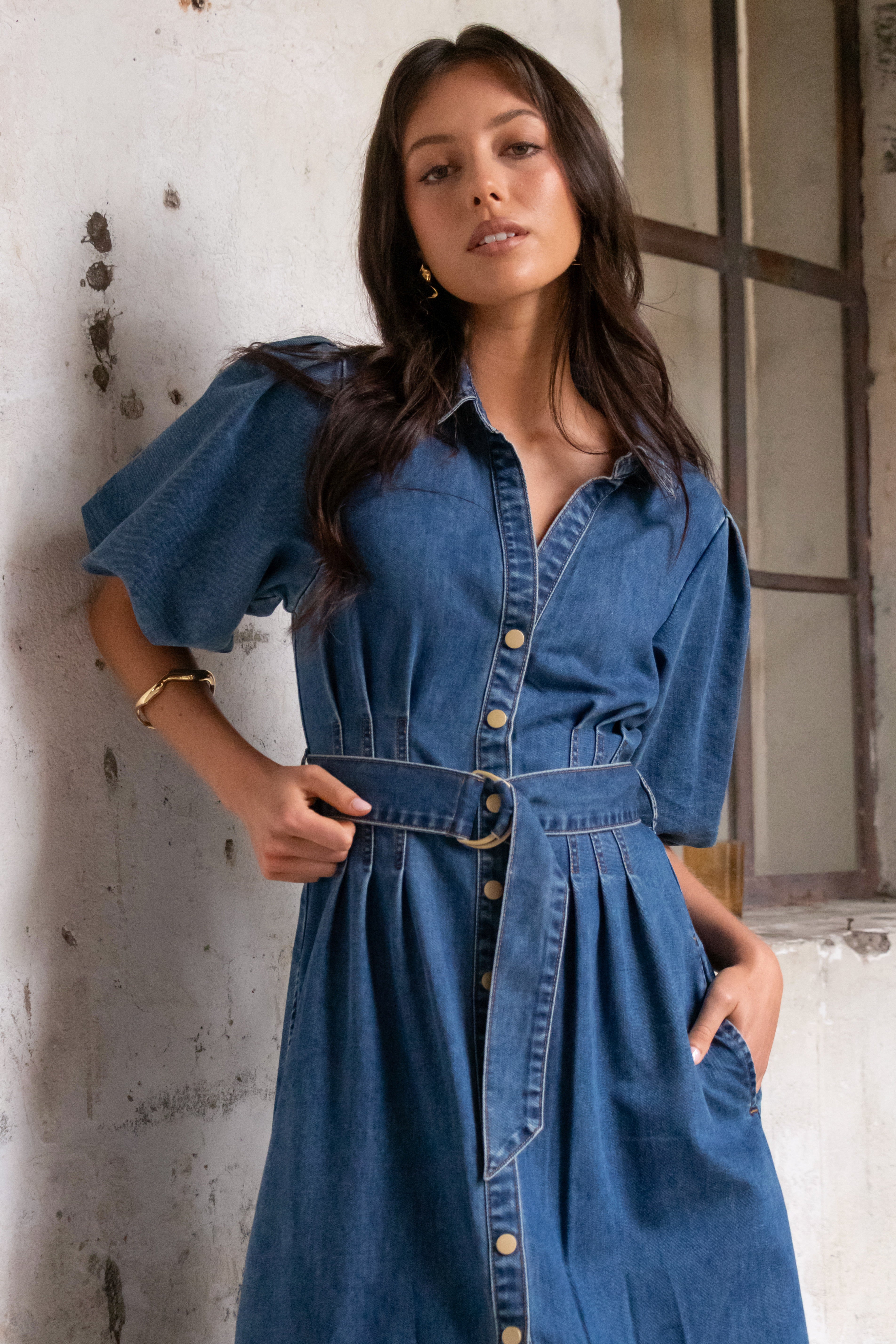 Dusk Storm Blue Denim Puff Sleeve Maxi Shirt Dress for Women | Casual Boho Chic Long Sleeve Button Down Dress | Perfect for Beach, Date Night & Summer Outfits