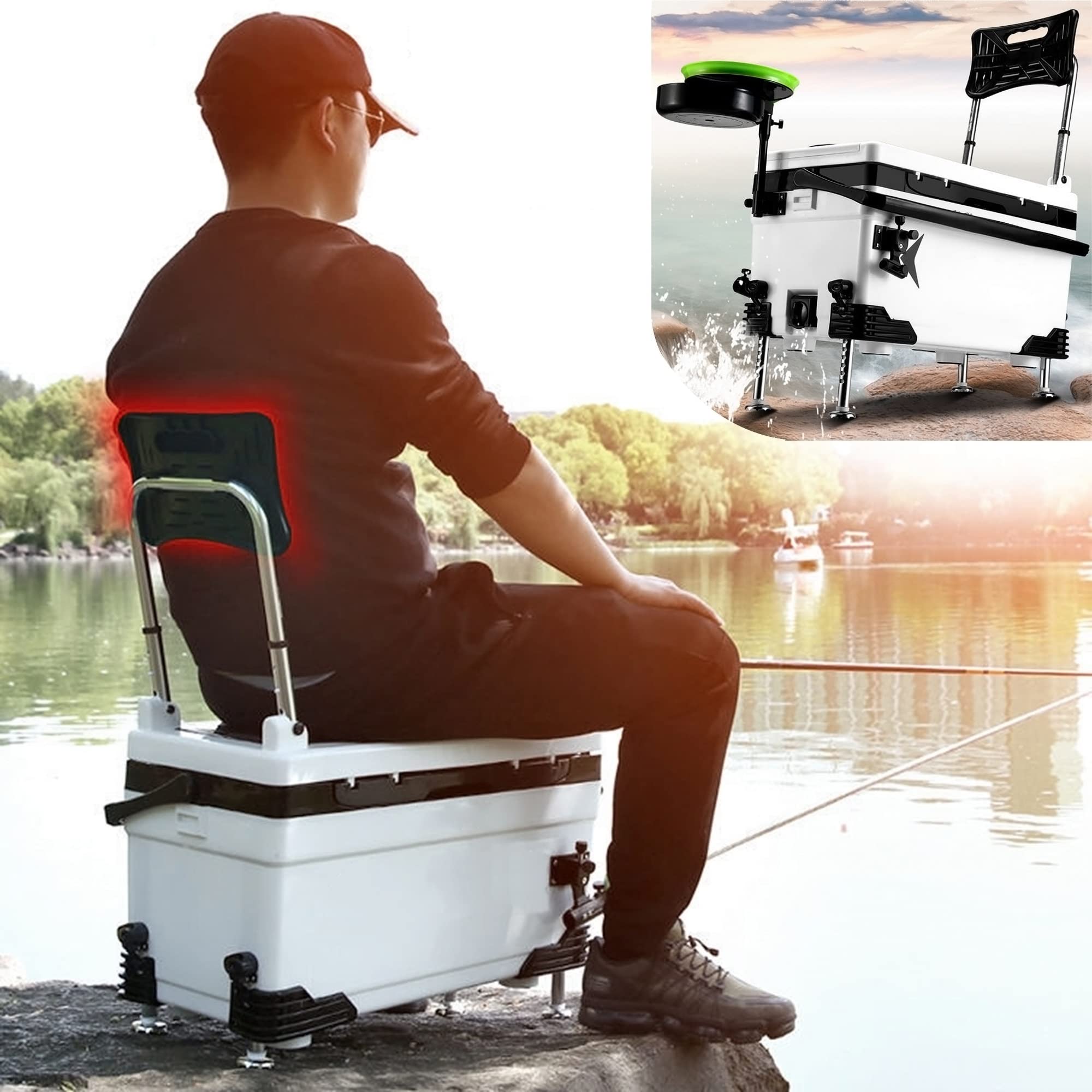 **HBCHEN Portable Fishing Tackle Box with Chair - Multifunctional Tool Storage, Double Bracket & Built-in Light - Perfect for Shore Fishing, Camping & Outdoor Adventures**