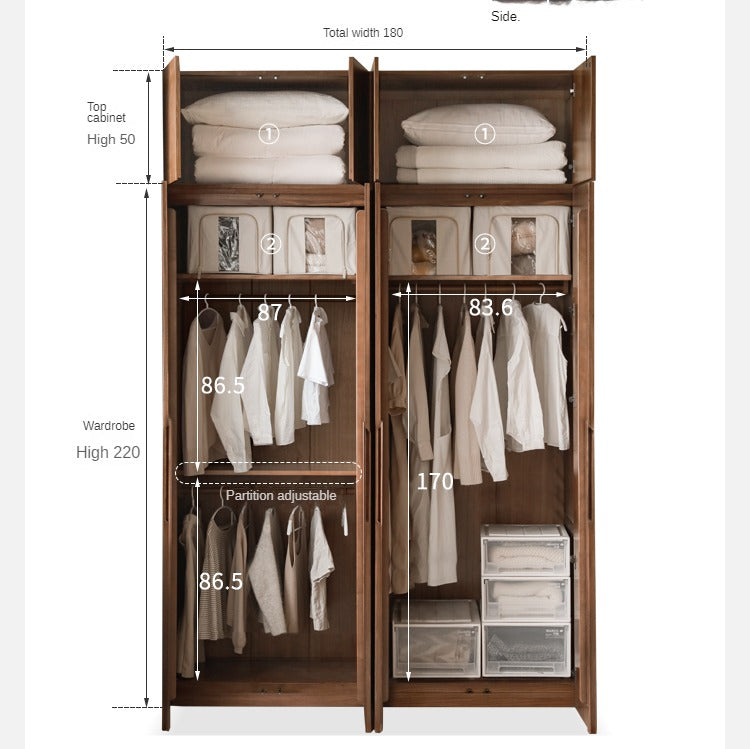 Premium Black Walnut Solid Wood Wardrobe - Double Door Closet with Mirror | Spacious Storage for Bedroom, Walk-in Closet & Guest Room Organization