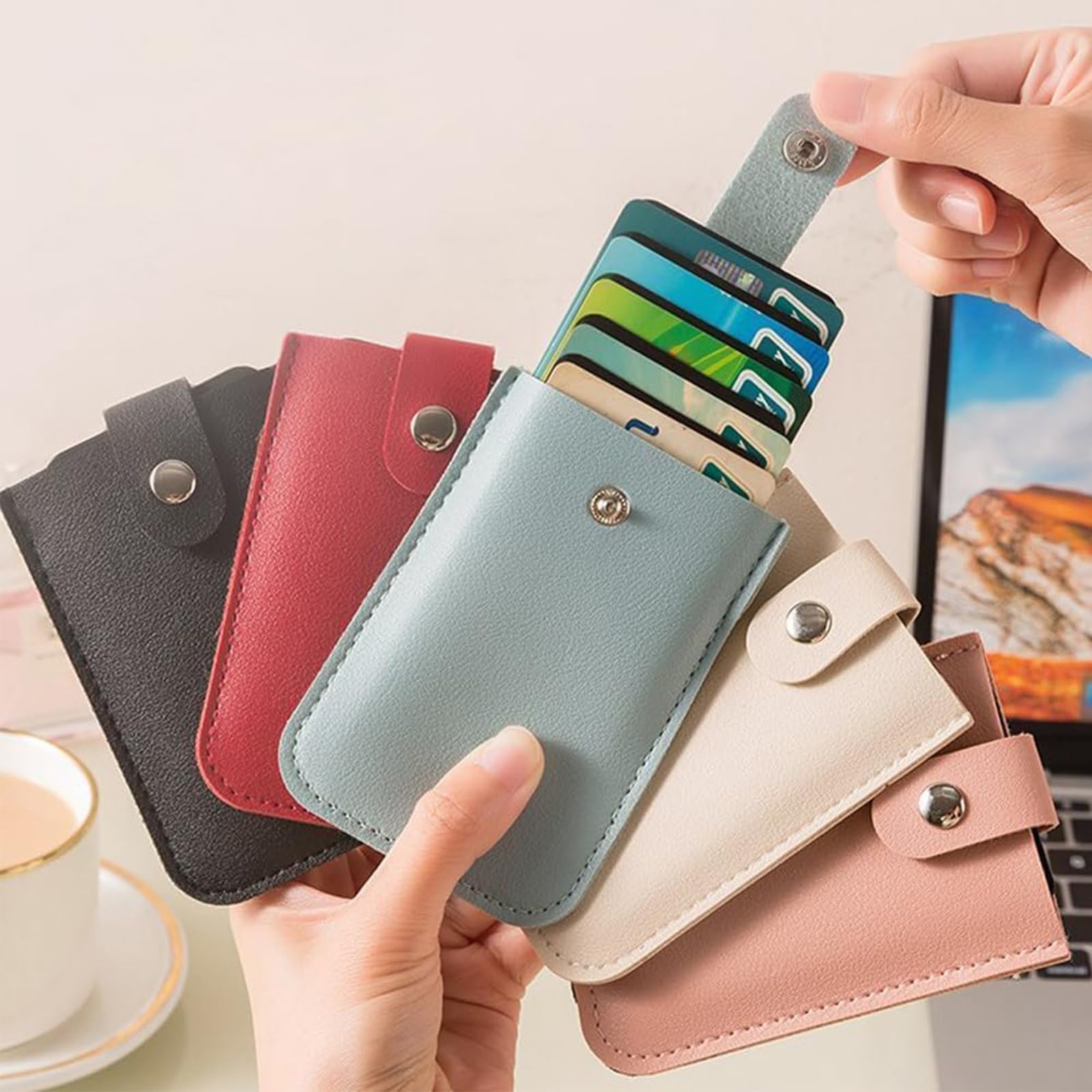 Premium Leather Pull-Out Card Organizer with Snap Closure - Personalized Stackable Card Holder for Credit Cards, IDs & Business Cards (Set of 8) - Perfect for Travel, Office & Everyday Wallet Organization