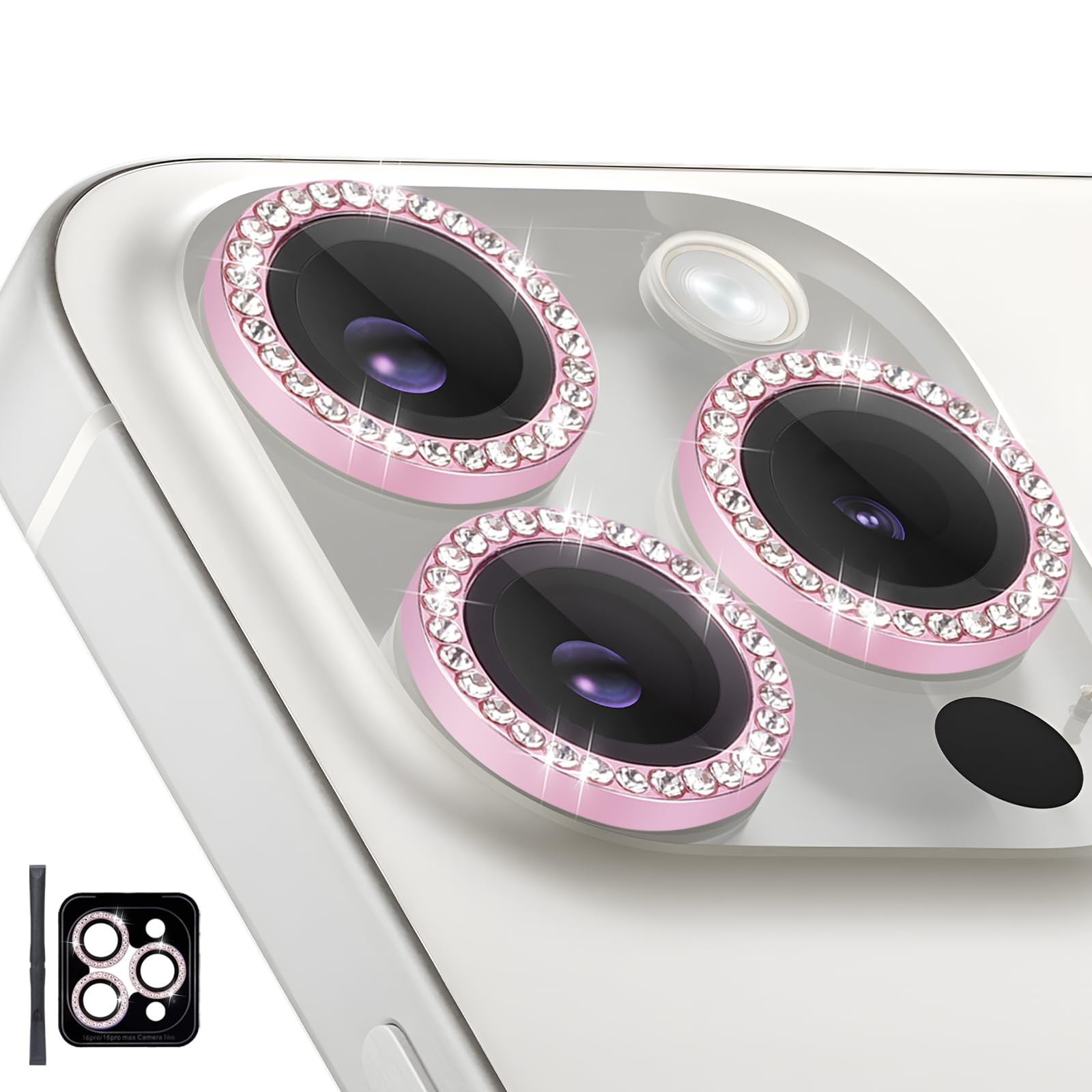 Tempered Glass Camera Lens Protector for iPhone 16 Pro & iPhone 16 Pro Max - Diamond Pink | Scratch-Resistant Screen Protector with Easy Installation Tray | Perfect for Outdoor Photography, Travel & Daily Protection