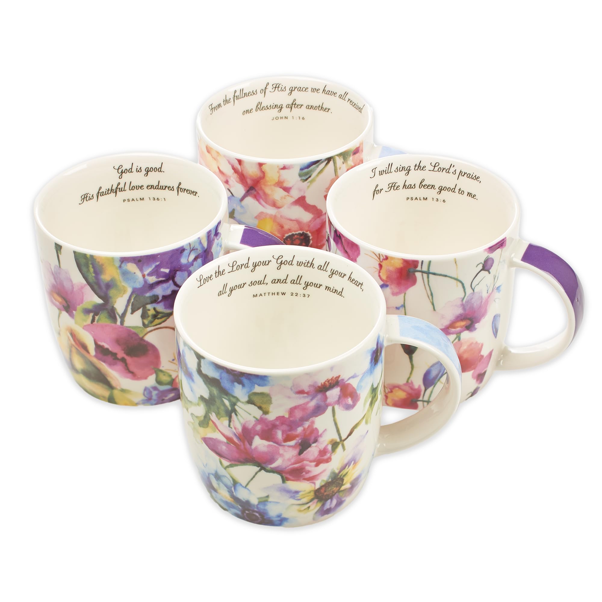 Christian Art Gifts - Seeds of Love Garden Blooms Ceramic Coffee & Tea Mug Set with Bible Verse (Boxed Set of 4) - Perfect for Women's Bible Study, Prayer Time & Christian Home Decor