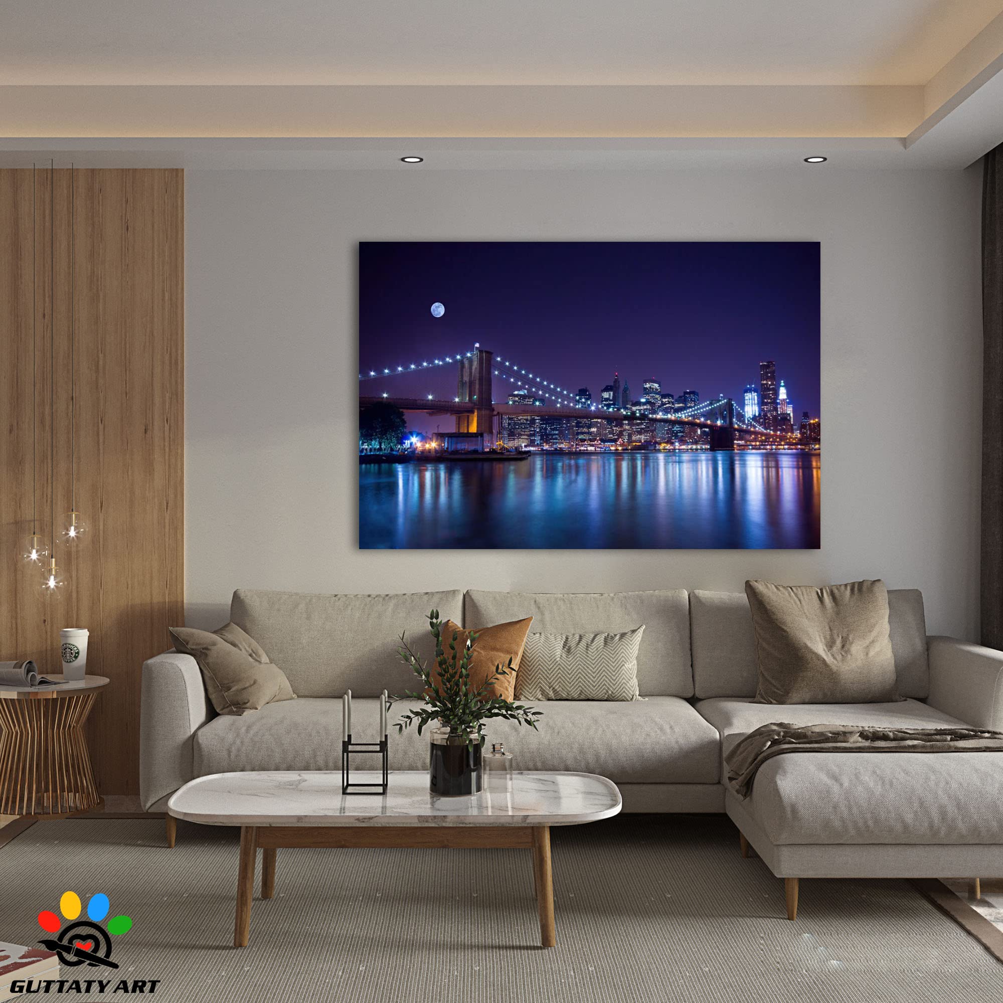 New York Skyline Wall Art - NYC Cityscape Canvas Print with Lighted Brooklyn Bridge, Modern Framed Artwork for Living Room, Bedroom, Office Decor (32x48 Inches) - Perfect for Home & Office Interior Design