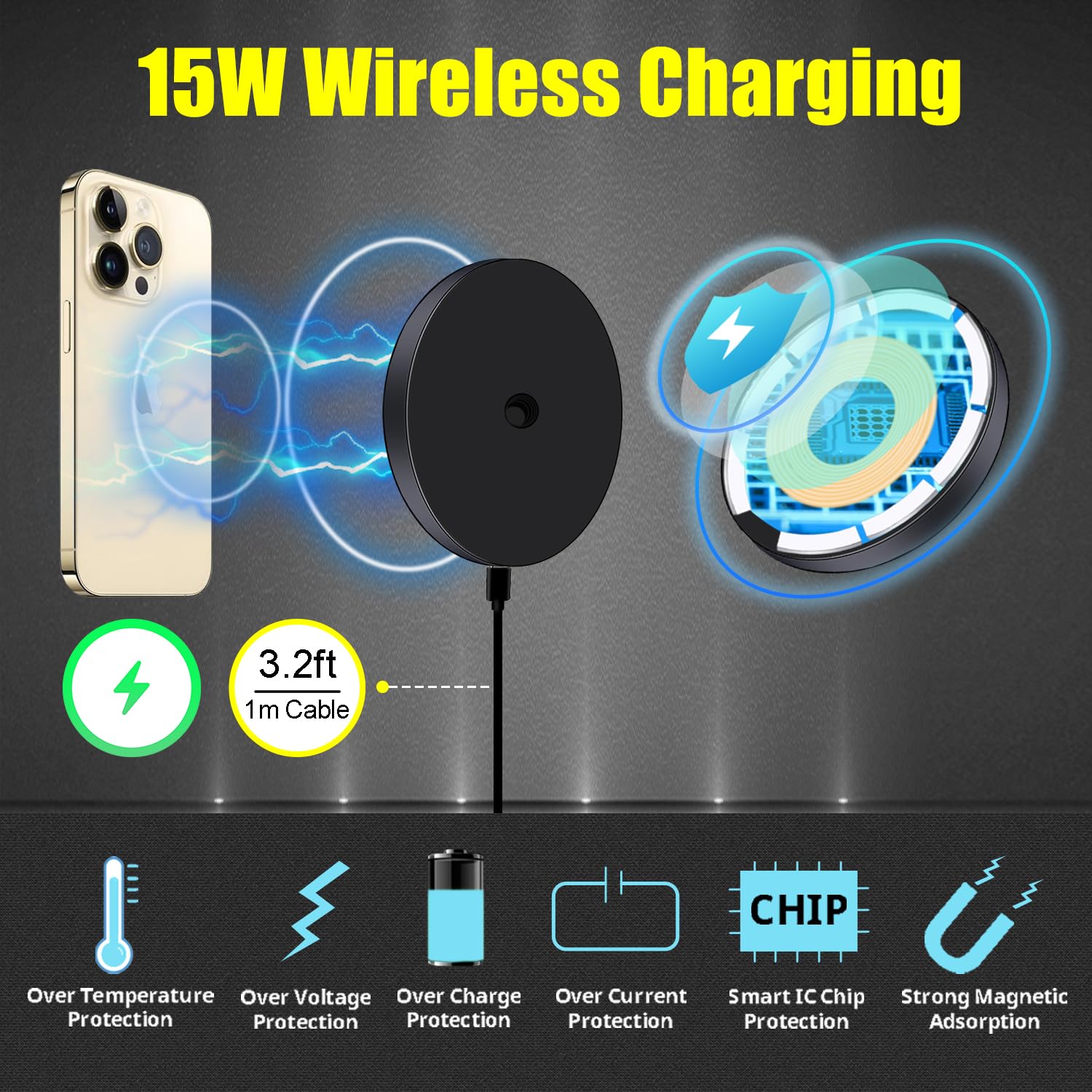 HA-W08 Magnetic Selfie Stick with Wireless Charging, Tripod & Magic Arm - Compatible with iPhone 15/14/13/12 - Perfect for Travel, Vlogging & Hands-Free Video Calls