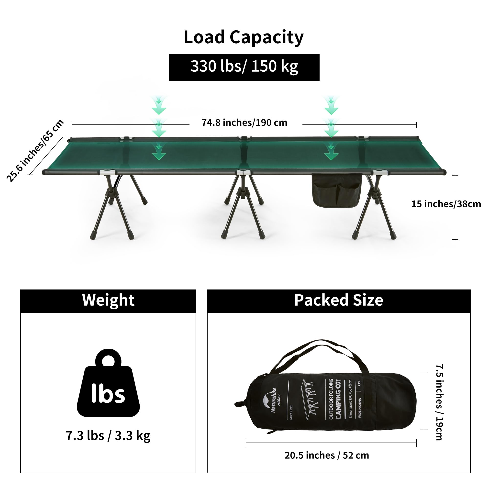 Naturehike WildField Adjustable Folding Camping Cot with Side Pocket - Lightweight Portable Camping Bed for Outdoor Adventures, Hiking, Travel & Home Use - Perfect for Camping Trips, Backpacking & Emergency Preparedness