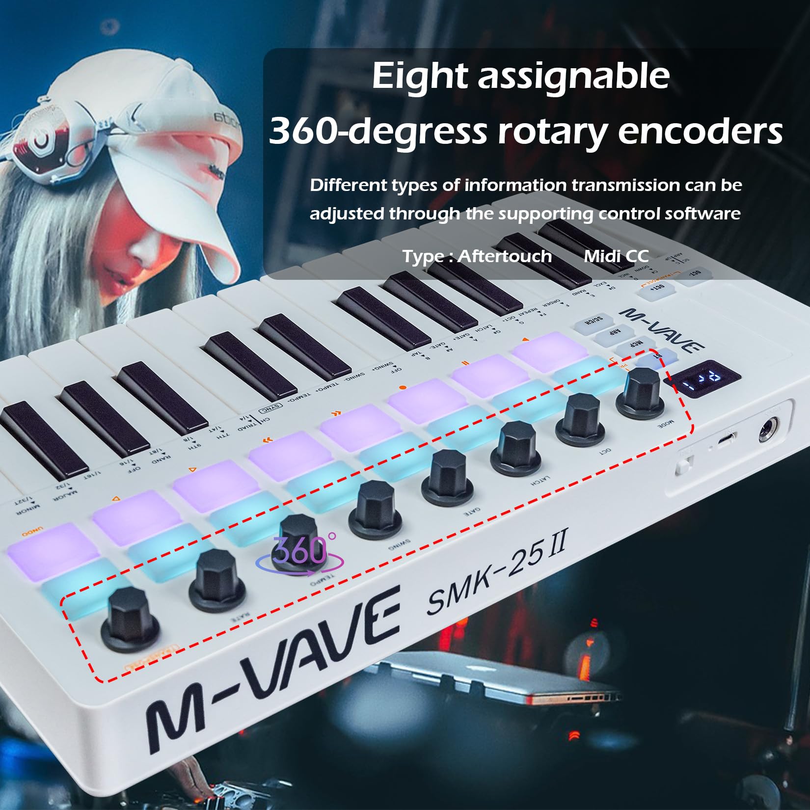 25-Key Backlit Drum Pad MIDI Keyboard Controller – Professional Beat Maker & Keytar for Music Production with Wireless Connectivity & Built-in Battery (White) | Perfect for Studio Recording, Live Performances & DJ Sets