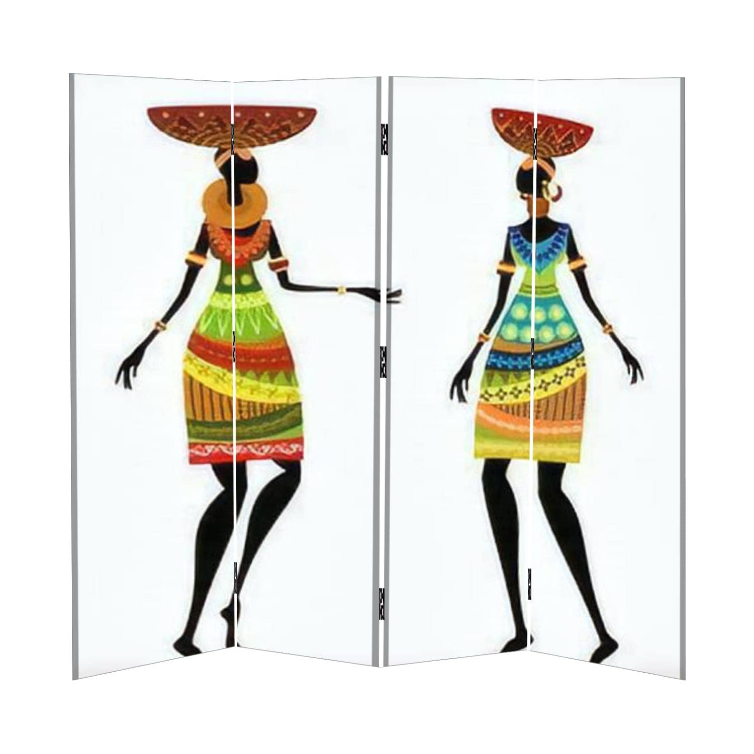 4 Panel Canvas Room Divider Screen - Handmade Ethnic Woman with Vase Design - Folding Privacy Partition for Home, Office & Events - Temporary Wall Divider for Bedrooms, Living Rooms & Workspaces