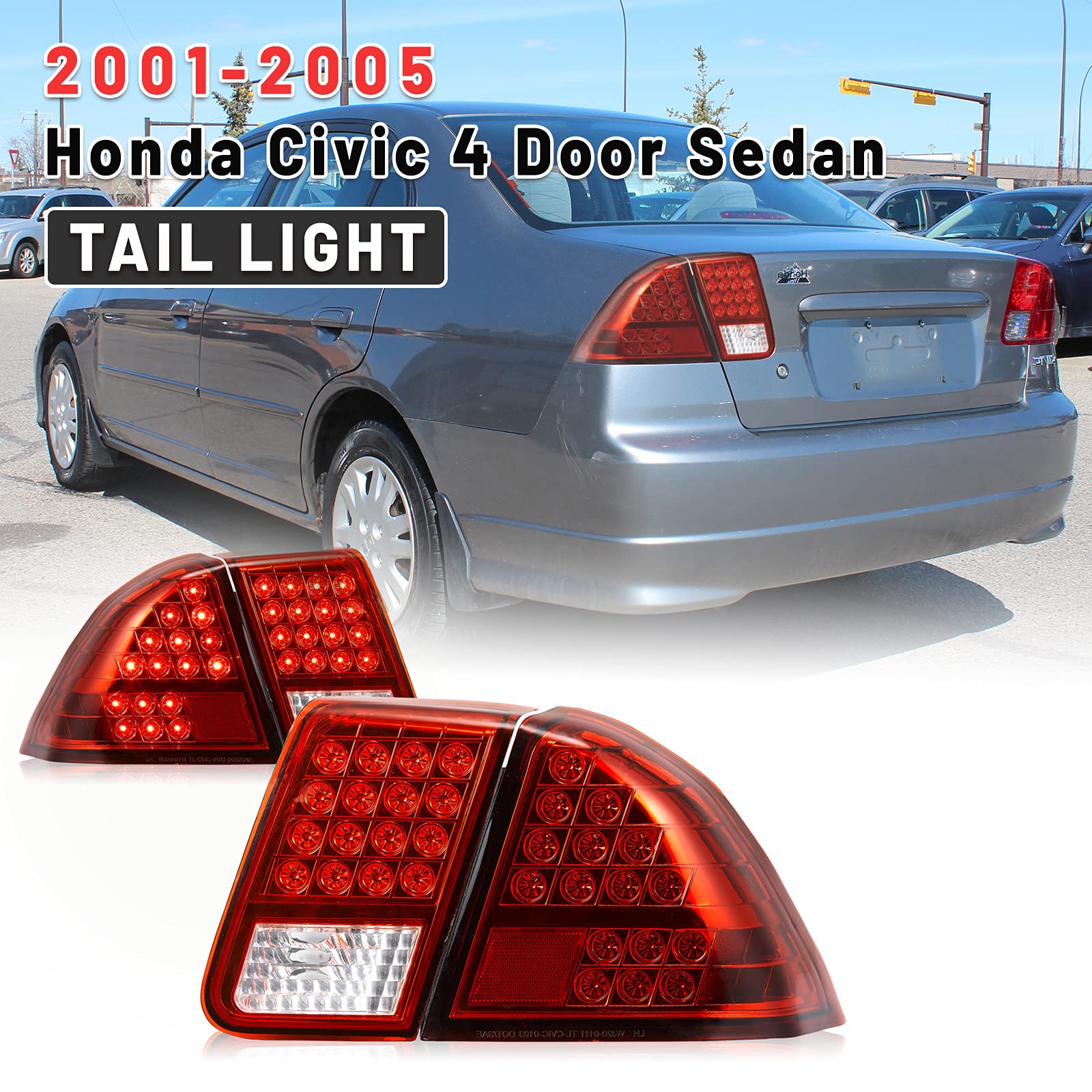 AUTOWIKI LED Tail Lights for 2001-2005 Honda Civic 4-Door Sedan - Red Rear Lamp Assembly (1 Pair) - Perfect for Night Driving & Car Upgrades