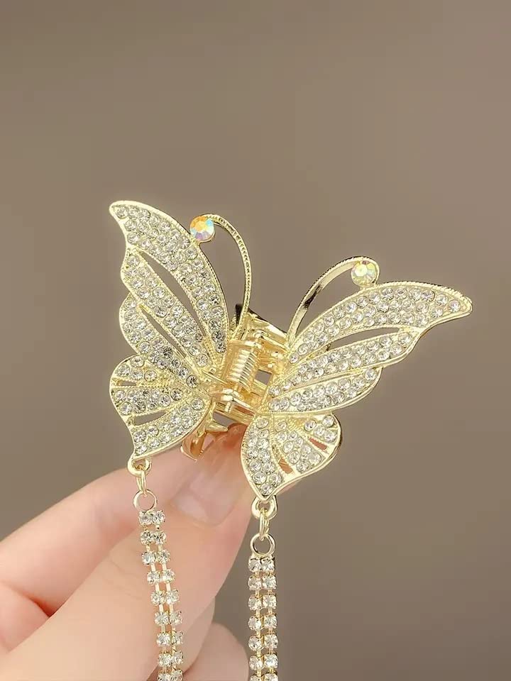 Falkiya Rhinestone Tassel Butterfly Hair Clips - Gold Metal Hair Claws with Pearls for Women & Girls | Small Size Hair Accessories for Parties, Weddings & Everyday Styling