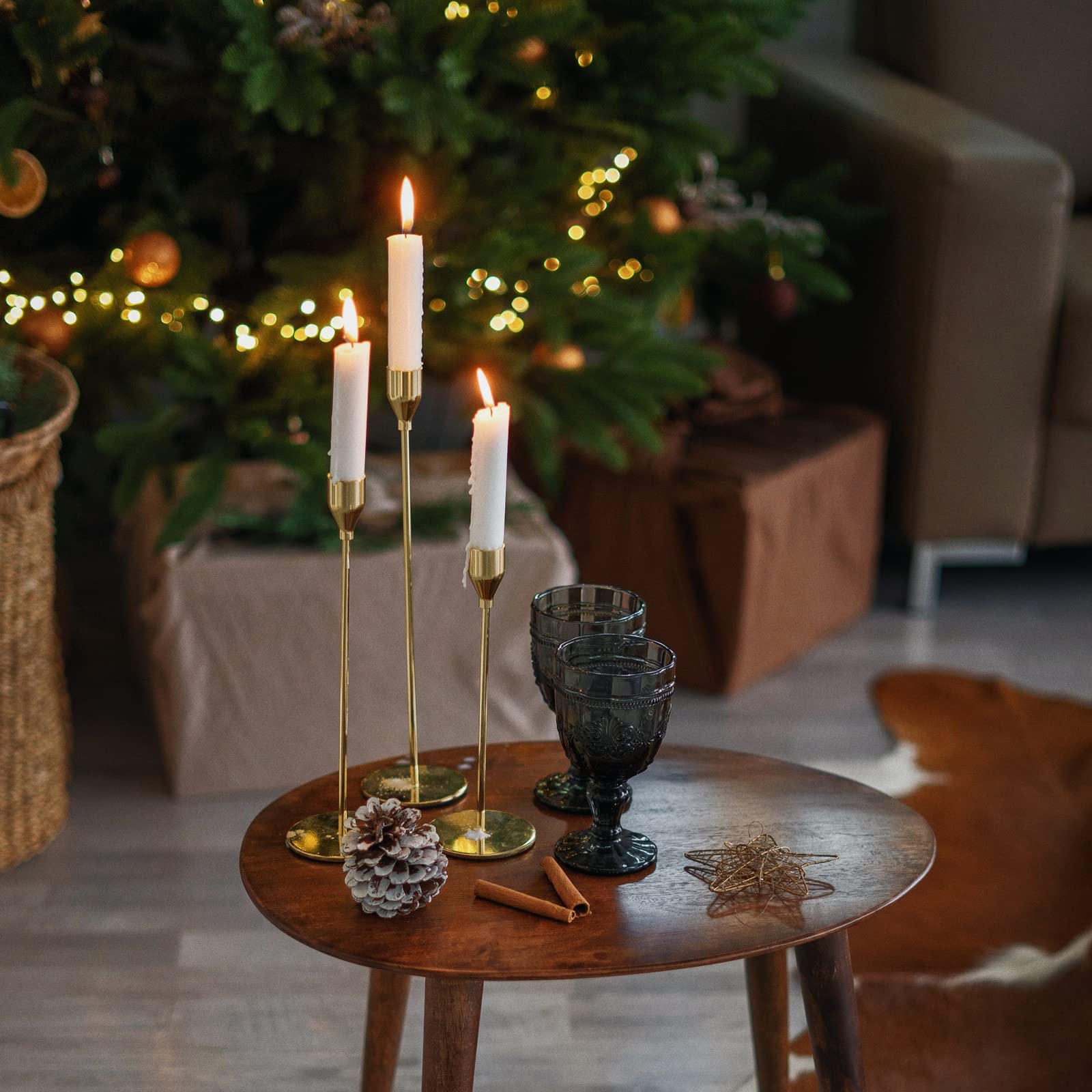 3-Piece Gold Metal Candle Holders Set for Taper Candles - Decorative Candlestick Stand Fits 3/4 Inch Thick Candles & LED Lights - Perfect for Weddings, Dining Tables, Parties & Home Decor
