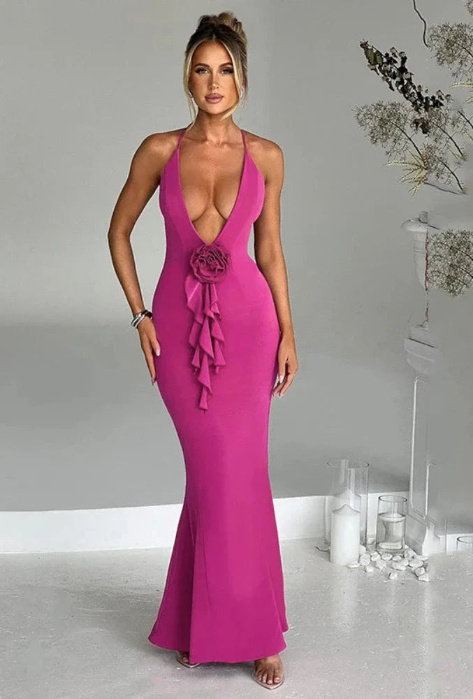 3D Flower Ruffle Deep V Backless Maxi Dress for Women - Sexy Elegant Evening Gown for Party, Birthday, Prom, Wedding Guest - Plus Size Available (C66 CH38)