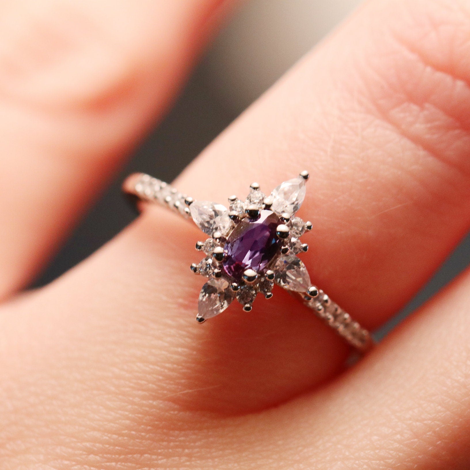 Starburst Alexandrite Ring Sterling Silver - Elegant Vintage Style Jewelry for Women, Perfect for Engagement, Wedding, Anniversary & Everyday Wear
