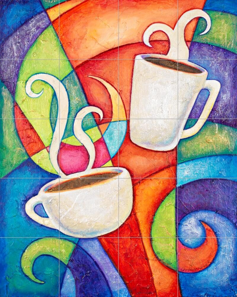 Ceramic Backsplash Tile Mural - Coffee Date Design by Christine Kerrick for Kitchen & Bathroom - Perfect for Coffee Shops, Cafés and Home Decor