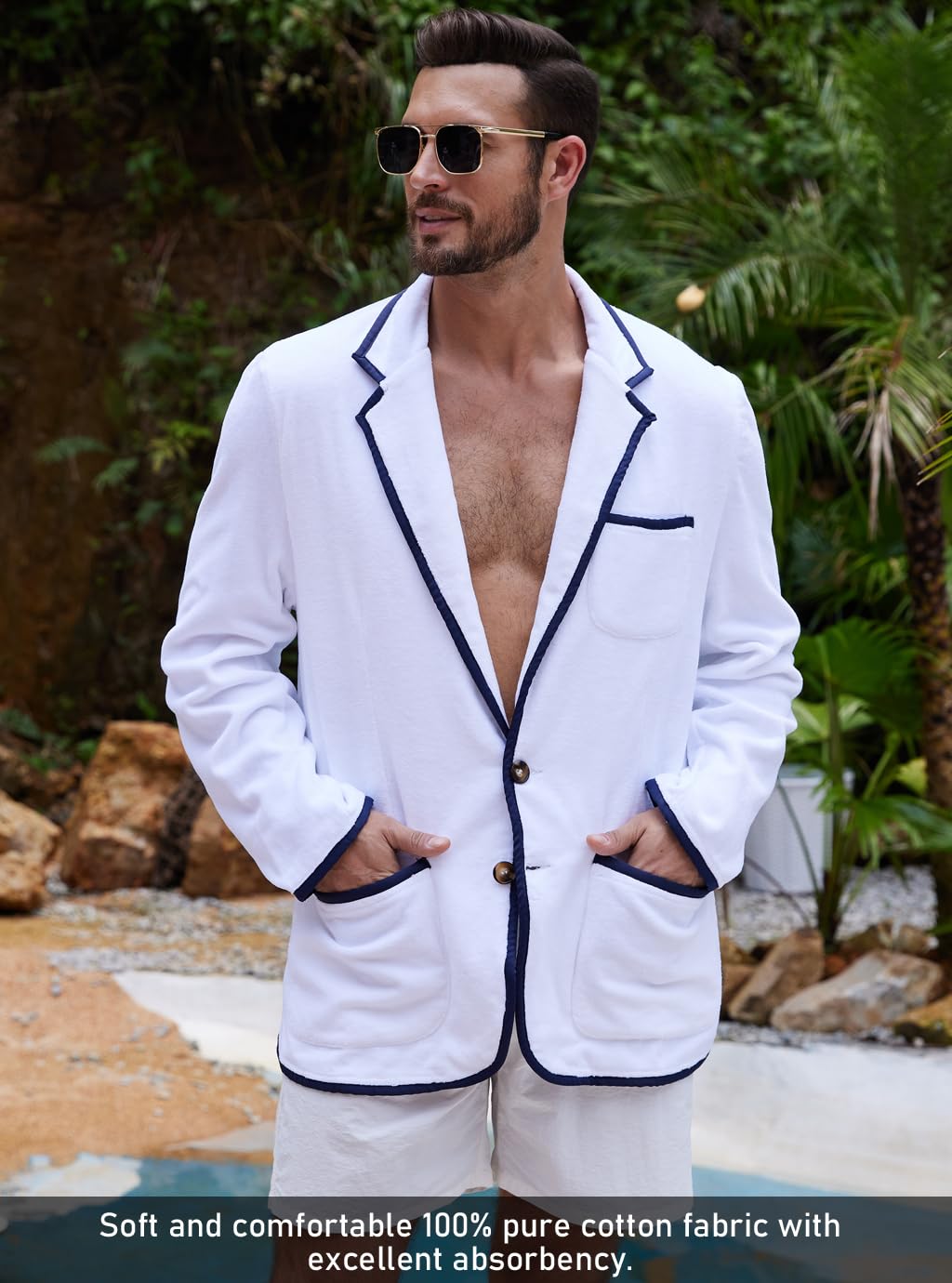 Luxury Men's Bathrobe - Premium Organic Cotton Terry Towelling Blazer, Soft Leisure Cotton Bath Robe for Pool, Beach, and Spa Relaxation