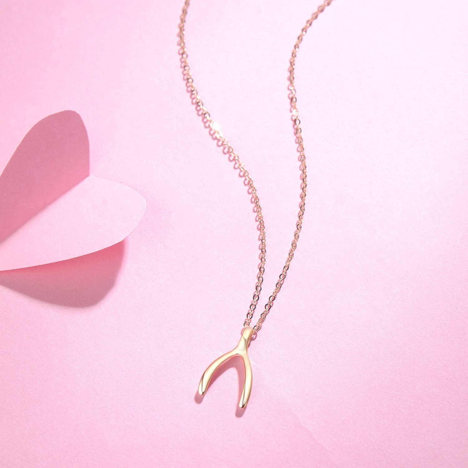14K Solid Yellow Gold Wishbone Pendant Necklace - Dainty Tiny Charm Statement Jewelry for Women, 16
