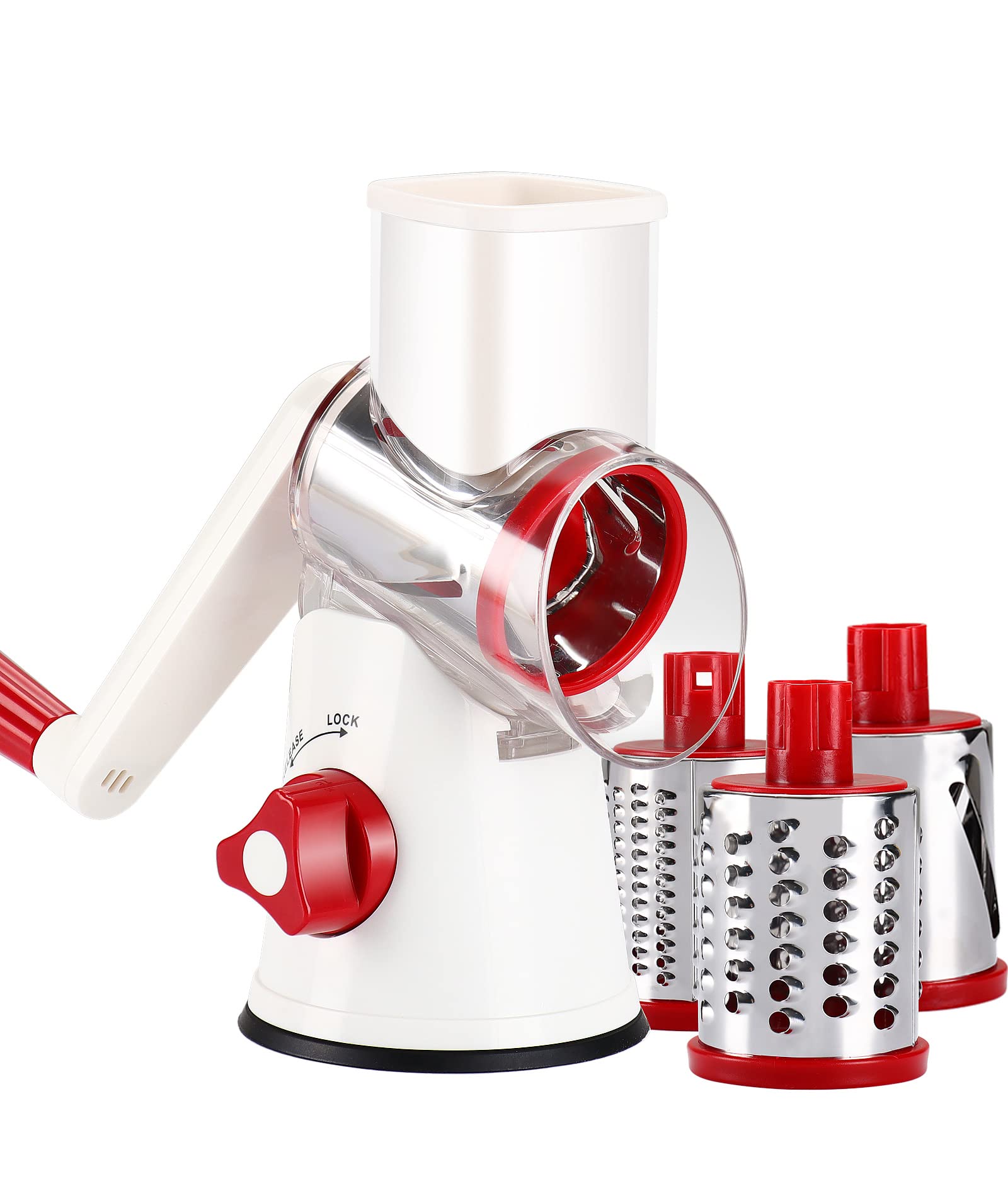 3-in-1 Rotary Cheese Grater & Vegetable Shredder - Manual Kitchen Mandoline Slicer for Potatoes, Carrots, Nuts, Garlic & Walnuts (White/Red) | Perfect for Salads, Pasta, Baking & Meal Prep