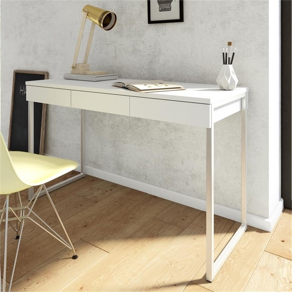 Pemberly Row Modern White Home Office Desk - 3-Drawer Multi-Functional Writing Desk for Small Spaces | Perfect for Remote Work & Study