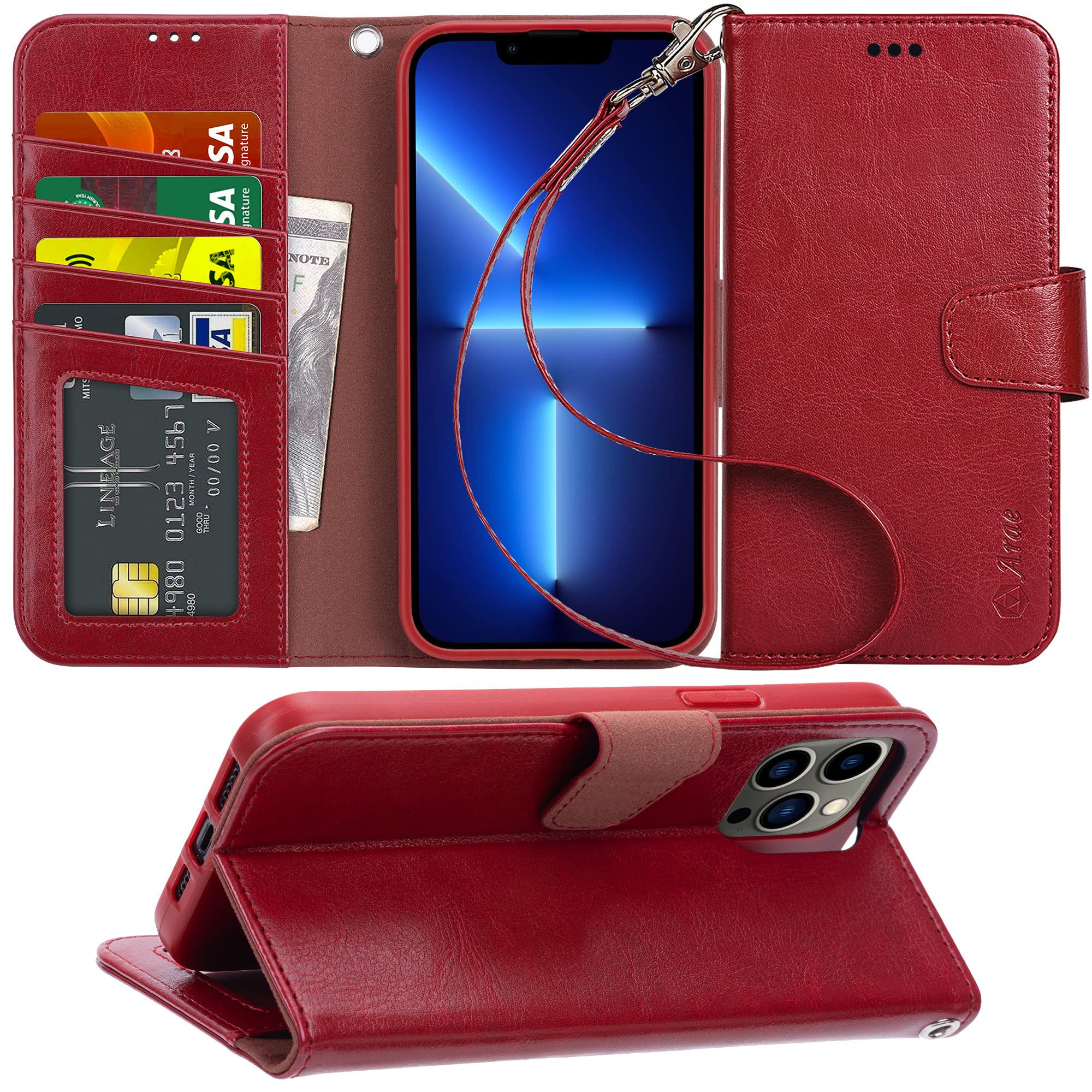 Arae iPhone 13 Pro Max Wallet Case (6.7 inch) - Premium Flip Cover with Card Holder & Wrist Strap for Women & Men - Wine Red | Perfect for Everyday Use, Travel & Hands-Free Convenience