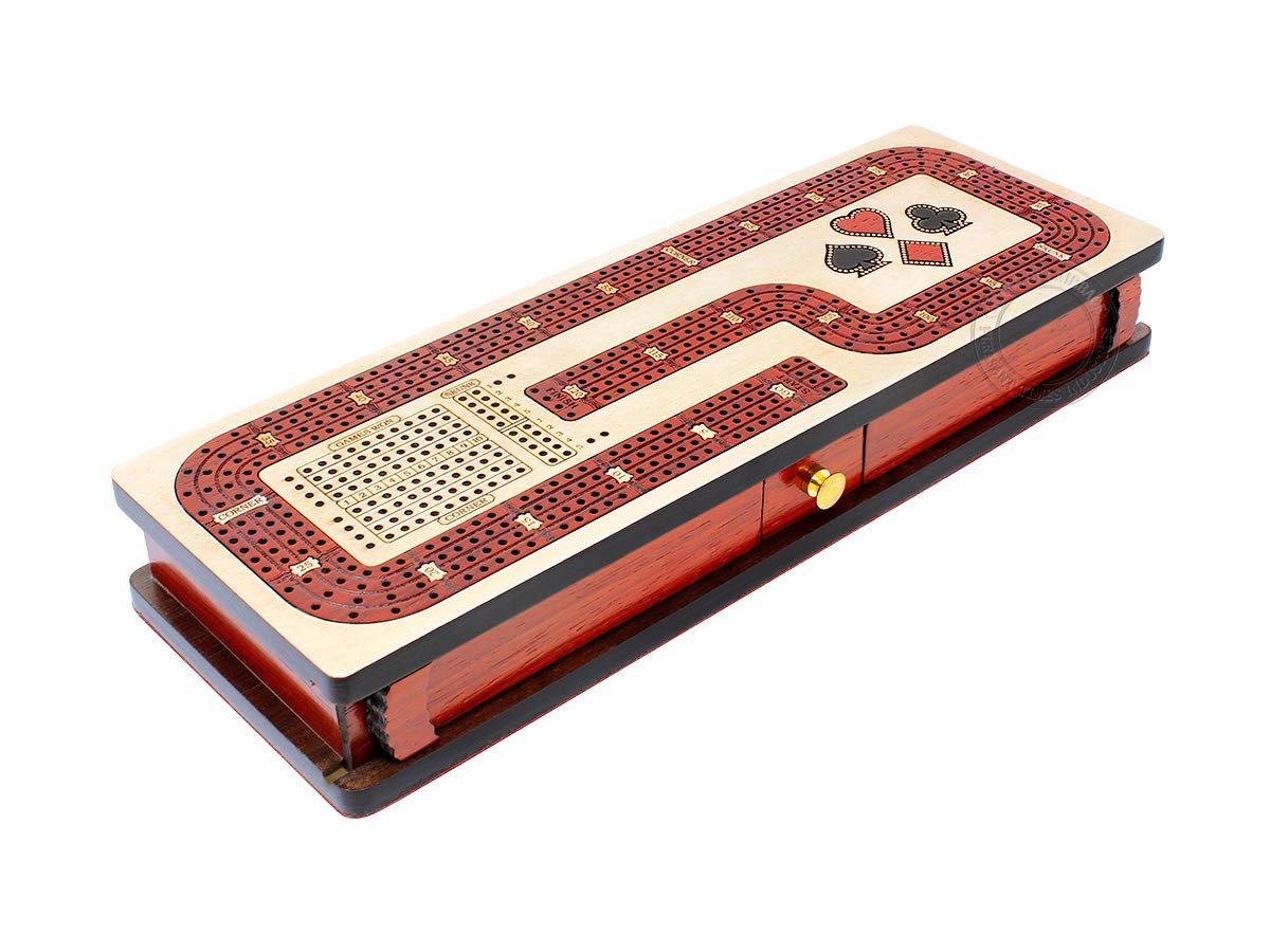 Premium Continuous Cribbage Board with 4 Tracks - Maple & Bloodwood Inlaid Box with Storage Drawer for Cards & Pegs - Score Marking Fields for Skunks, Corners & Won Games - Perfect for Family Game Nights & Travel Entertainment