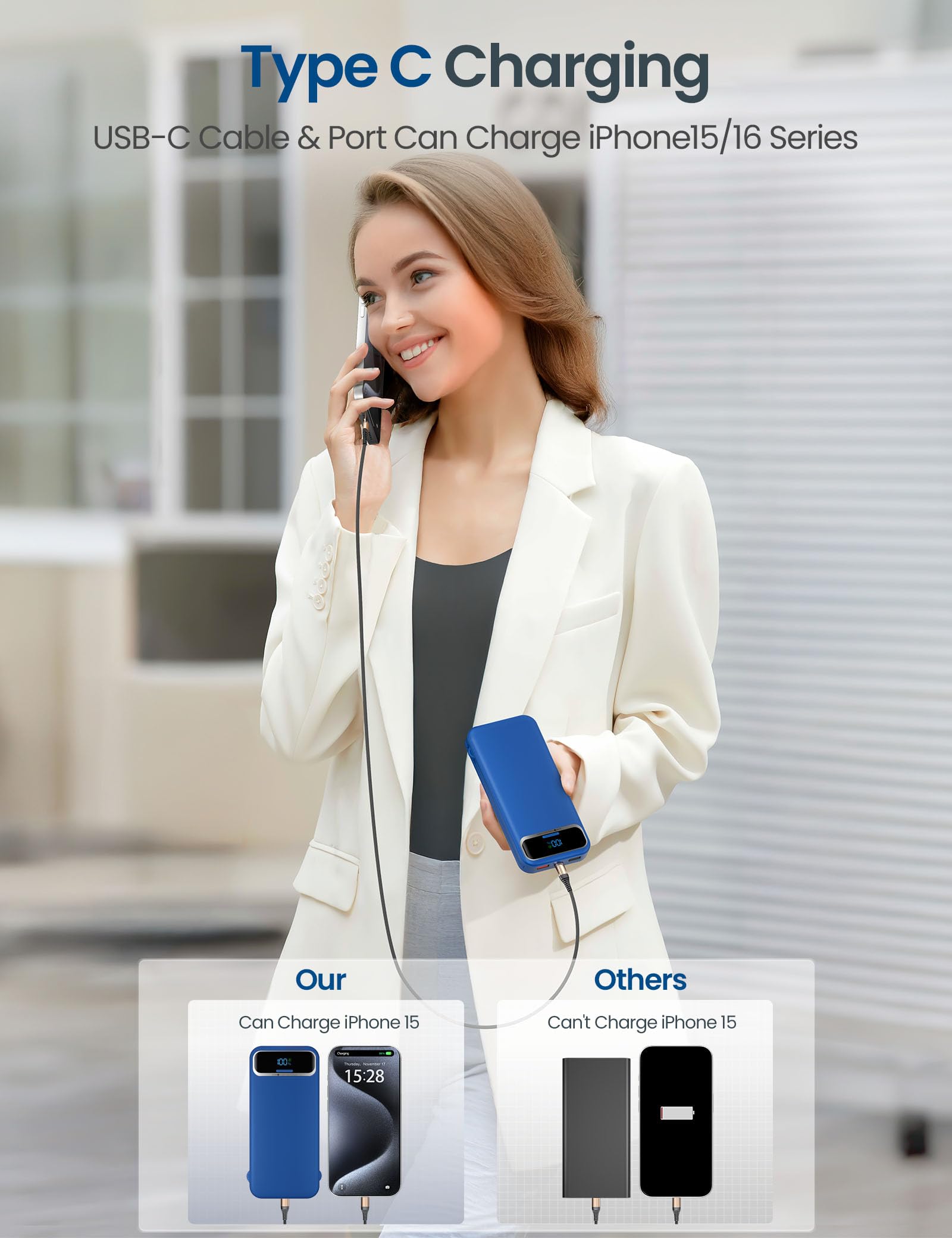 12000mAh Portable Charger Power Bank with Built-in Cables & AC Plug - PD20W USB-C Fast Charging, LED Display - Compact Travel Phone Charger for iPhone 15/14/13, Samsung Galaxy S23/S22, Android Devices | Perfect for Air Travel, Camping & Emergency Power Backup