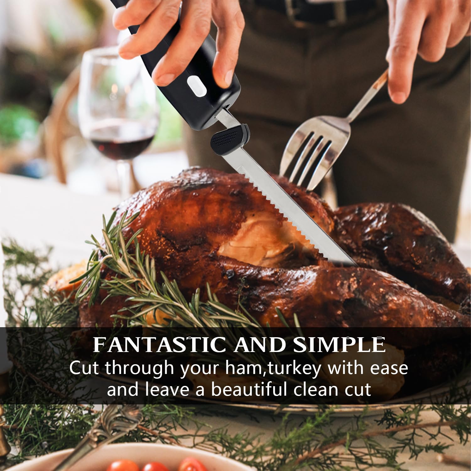 Rechargeable Cordless Electric Knife with 2 Stainless Steel Blades - Safety Lock & Ergonomic Handle for Carving Meat, Bread, Fish, Cheese & Steak | Perfect for Holiday Dinners, BBQ Parties & Home Cooking (Grey)