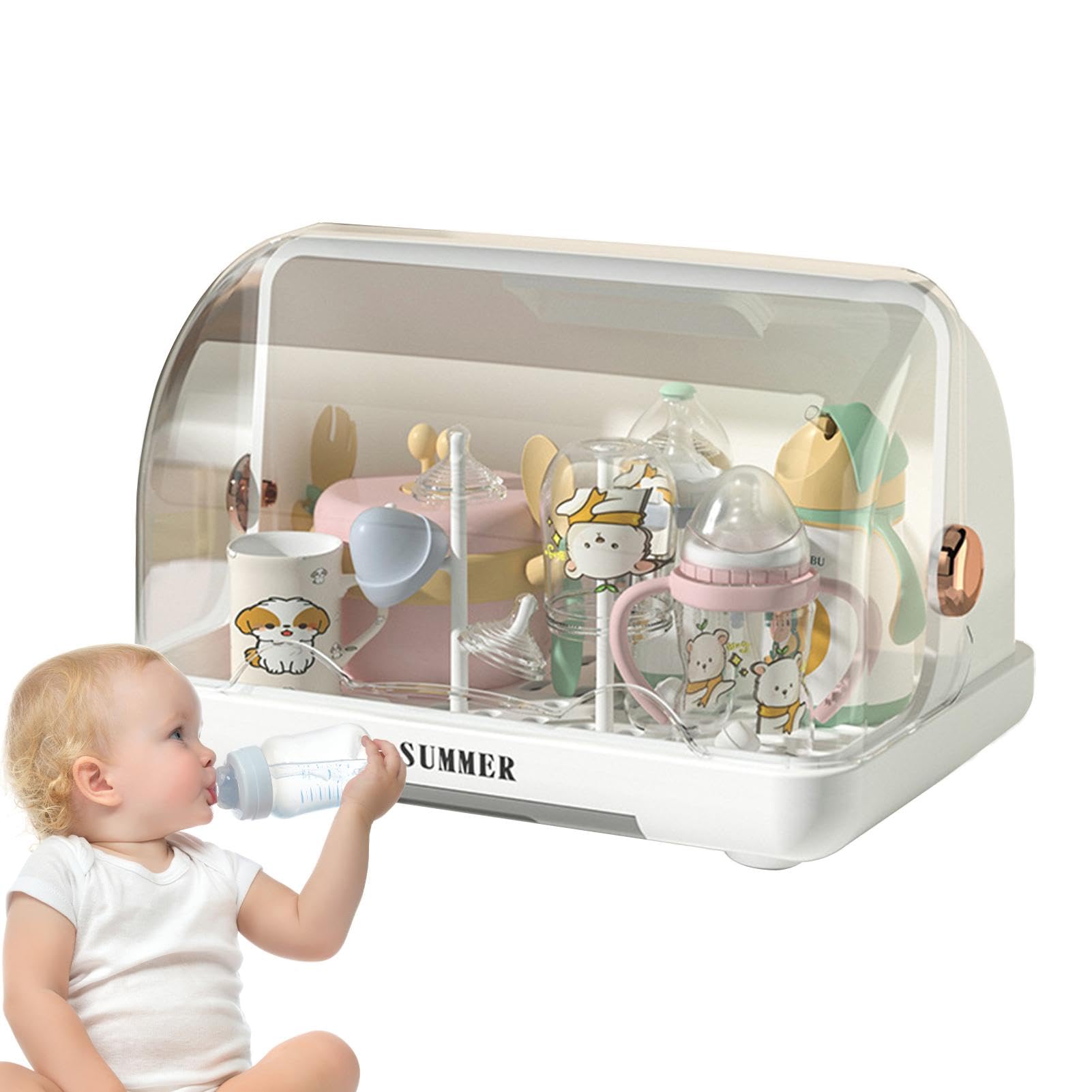 Dustproof Baby Bottle Drying Rack with Lid & Removable Drain Tray - Portable Baby Bottle Organizer Storage Case for Kitchen Cabinet - Perfect for Nursery, Travel & Breast Pump Parts Drying