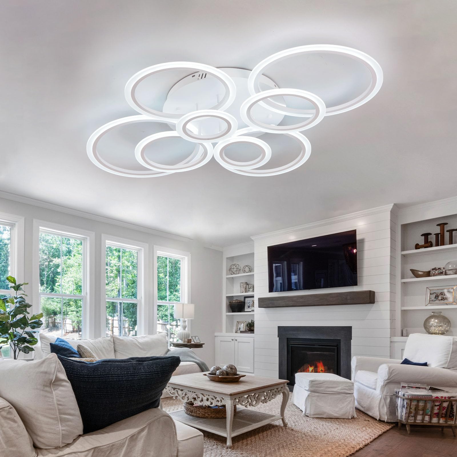41 Inch Modern LED Flush Mount Ceiling Light - Dimmable 8 Ring White Fixture with Remote Control for Living Room, Bedroom, Kitchen & Dining Room | Perfect for Ambient Lighting and Home Decor