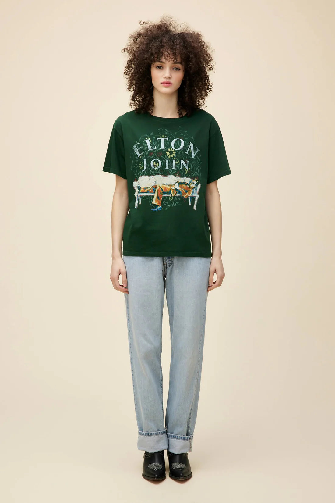 Vintage Green Elton John Floral Boyfriend T-Shirt - Retro Band Tee for Concerts, Music Festivals & Casual Outfits