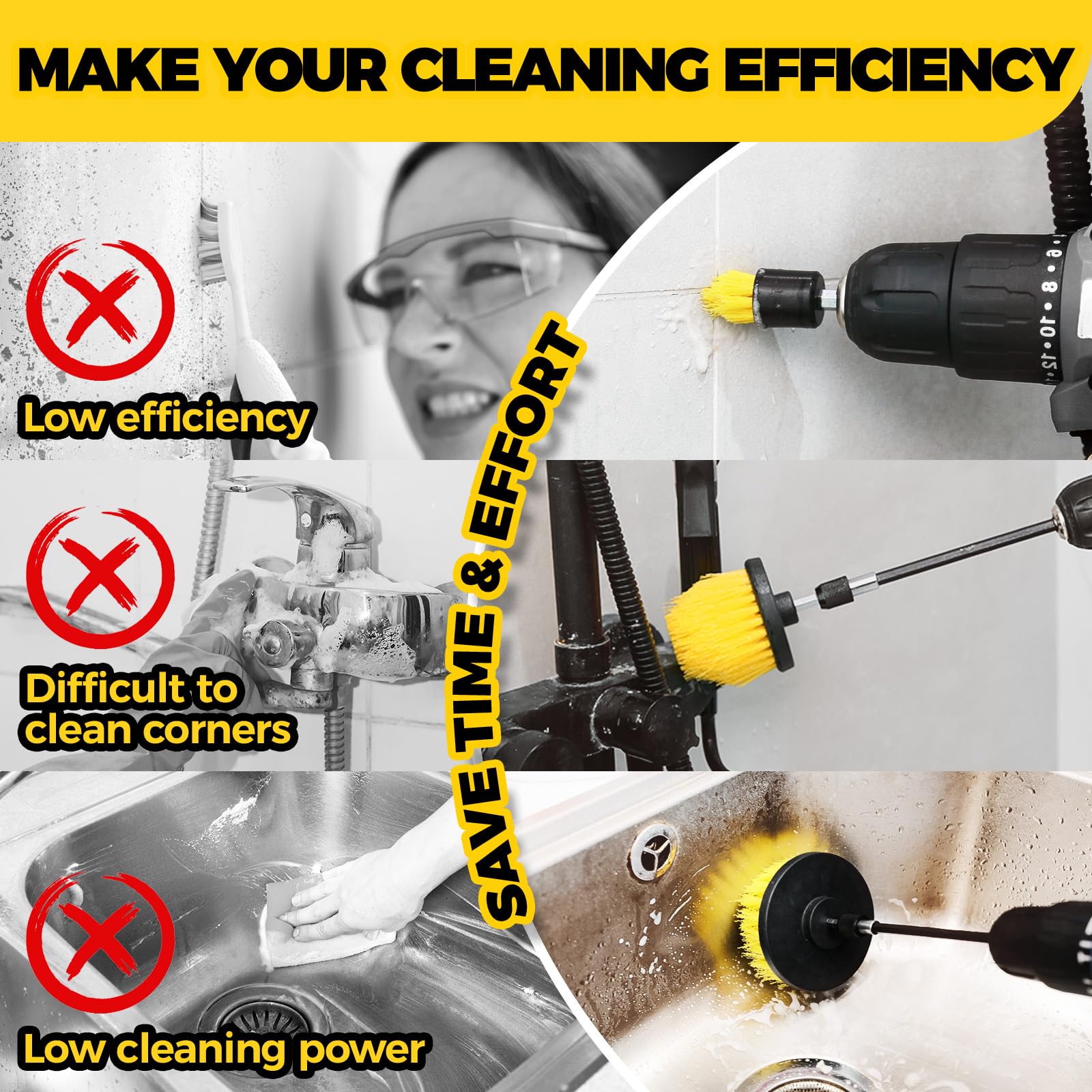 **Holikme 6-Pack Power Scrubber Brush Set - Long Handle Cleaning Brushes for Grout, Tile, Bathroom, Shower, Tub & Car - Multi-Surface Scrubber Kit (Yellow) - Perfect for Deep Cleaning Floors, Walls & Hard-to-Reach Areas**