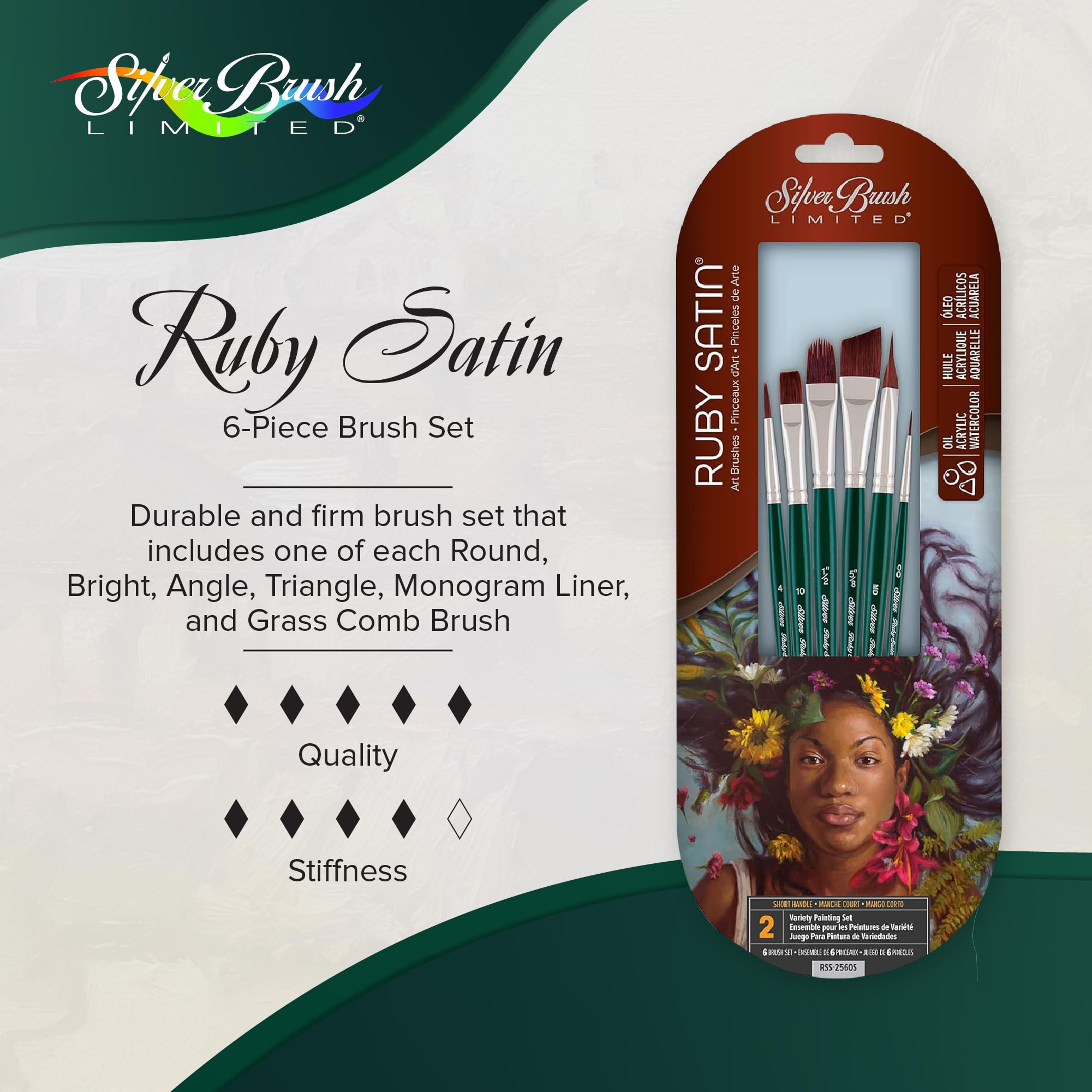 Premium Ruby Satin Paintbrush Set - 6 Professional Brushes for Oil, Acrylic & Heavy Body Paints (Round, Bright, Angle, Triangle, Liner, Comb) - Short Handle Artist Tools for Canvas Painting & Fine Art Details