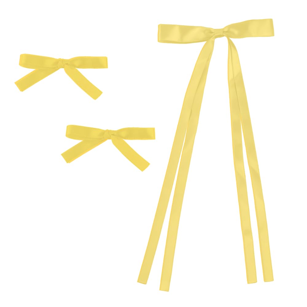 Light Yellow Satin Hair Bows Set of 3 - 1 Long Tail Hair Clip & 2 Short Tail Bows for Women, Perfect for Weddings, Parties, and Everyday Elegance