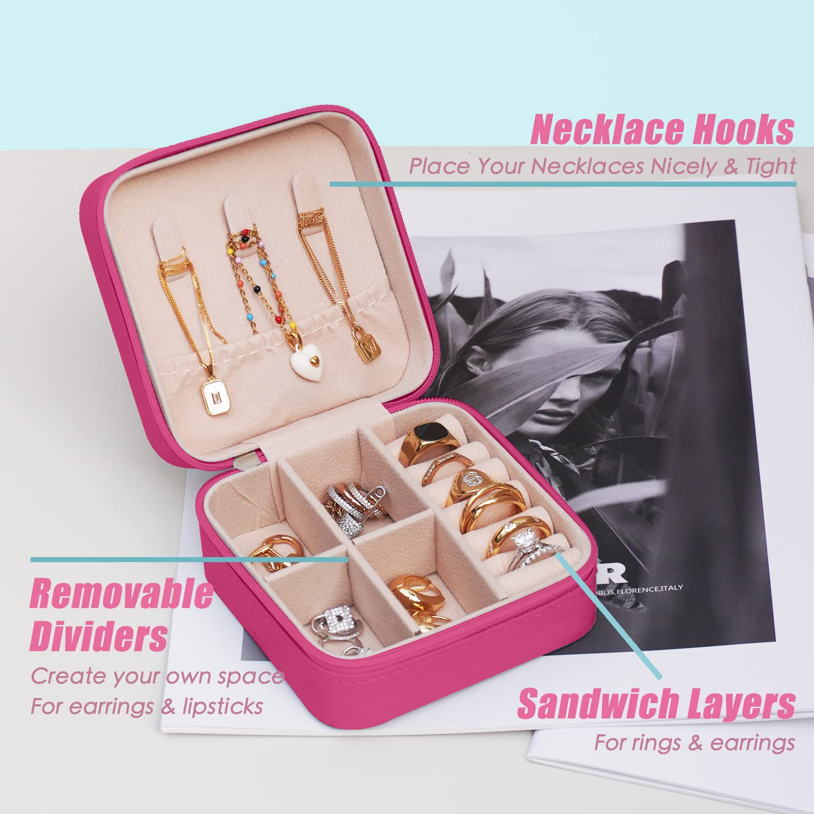 Portable Travel Jewelry Organizer Box for Women - Mini Jewelry Case for Rings, Necklaces & Earrings - Perfect Bridesmaid Gift & Travel Essential Accessory (1 PC Fuchsia) - Ideal for Vacations, Weddings & Daily Storage