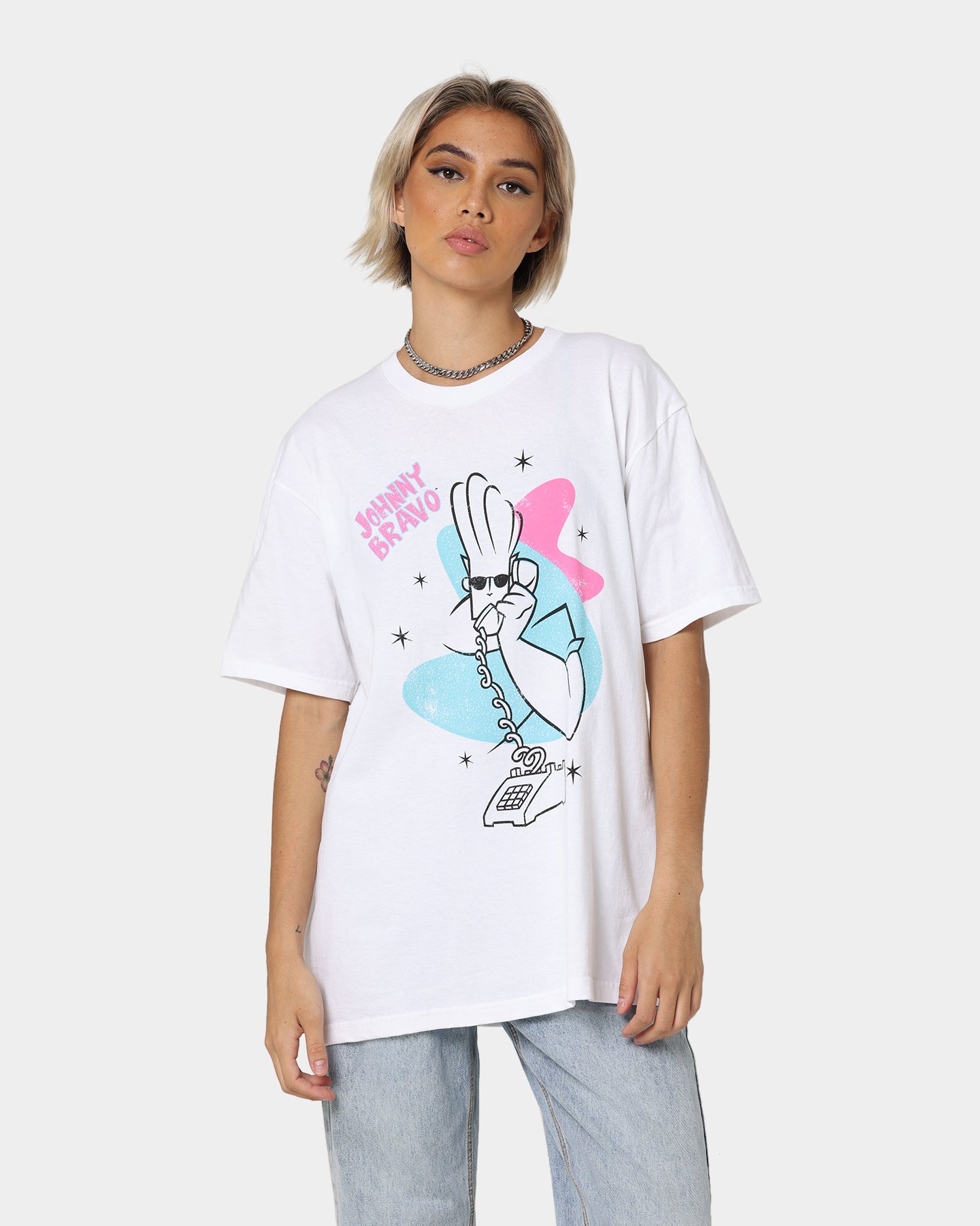 Johnny Bravo Dial A Hunk Graphic T-Shirt - Vintage White Cotton Tee for Men - Perfect for Casual Wear, Cosplay & 90s Retro Parties