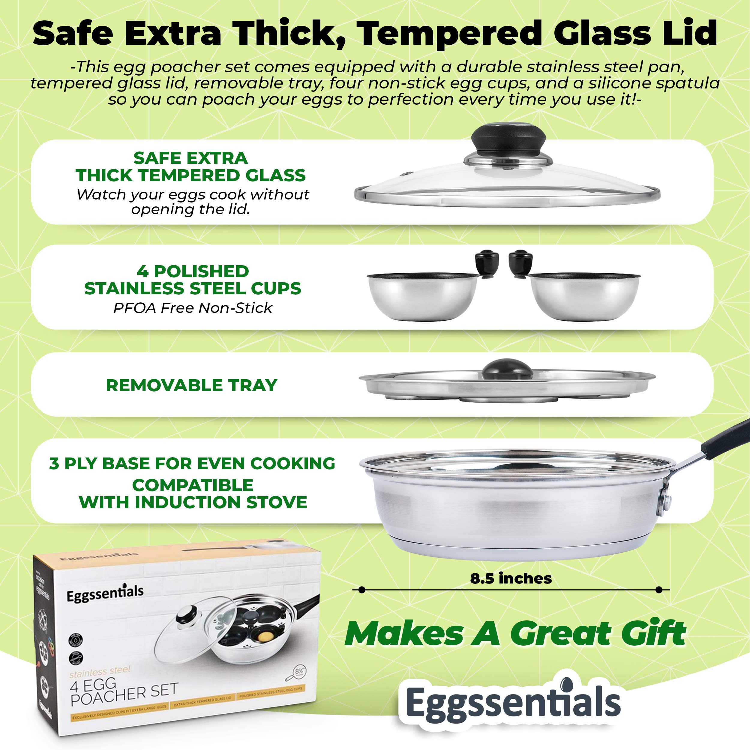 Stainless Steel Egg Poacher Pan - Non-Toxic PFOA Free Egg Cooker with Spatula for Perfect Poached Eggs | Breakfast Cooking Essential | Ideal for Home Kitchen, Camping & Healthy Meal Prep