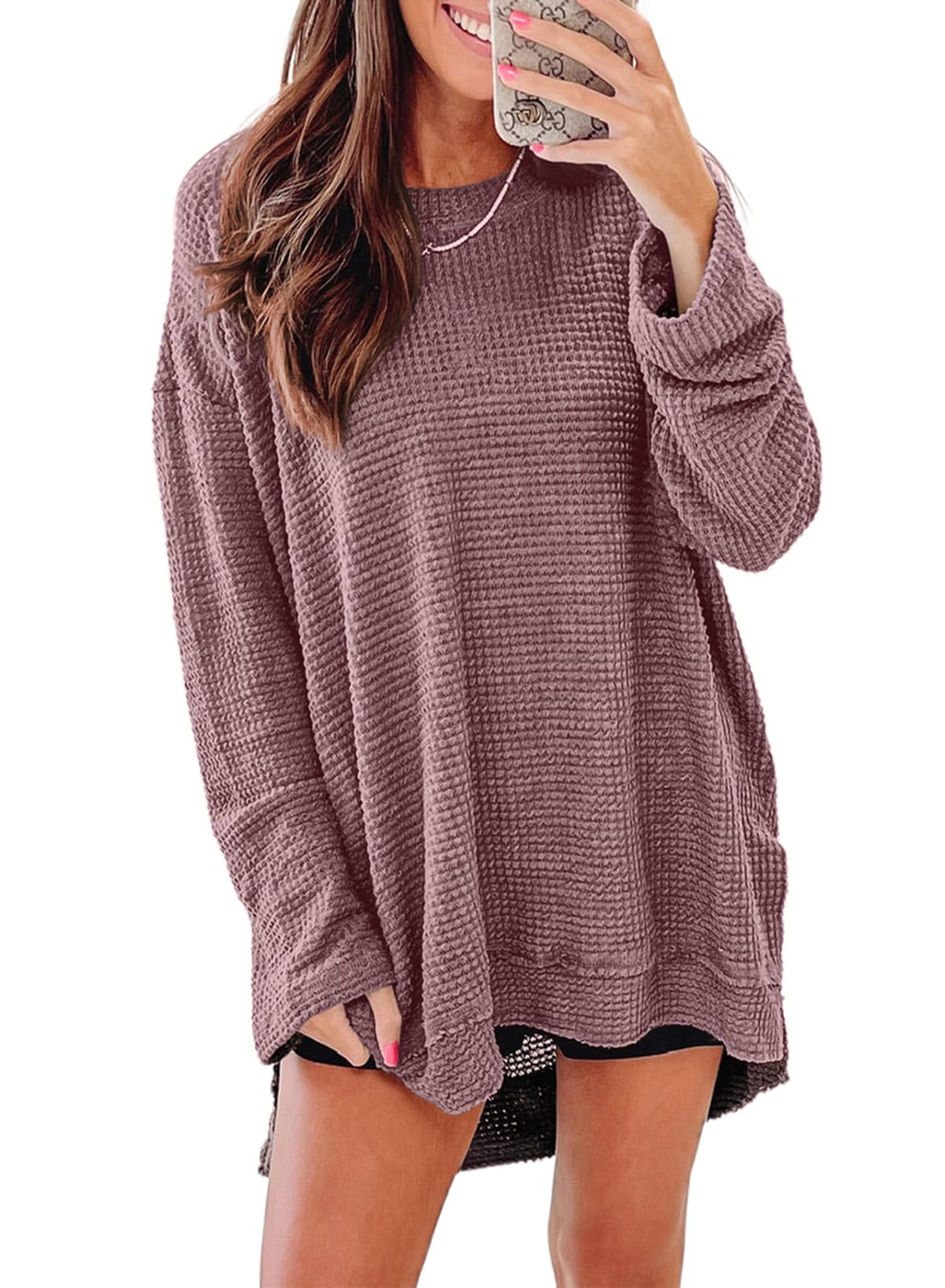 SHEWIN Women's Oversized Long Sleeve Crewneck Sweatshirt - Waffle Knit Spring Top for Casual Wear & Layering 2025 | Perfect for Everyday Outfits, Lounge Wear, and Seasonal Fashion
